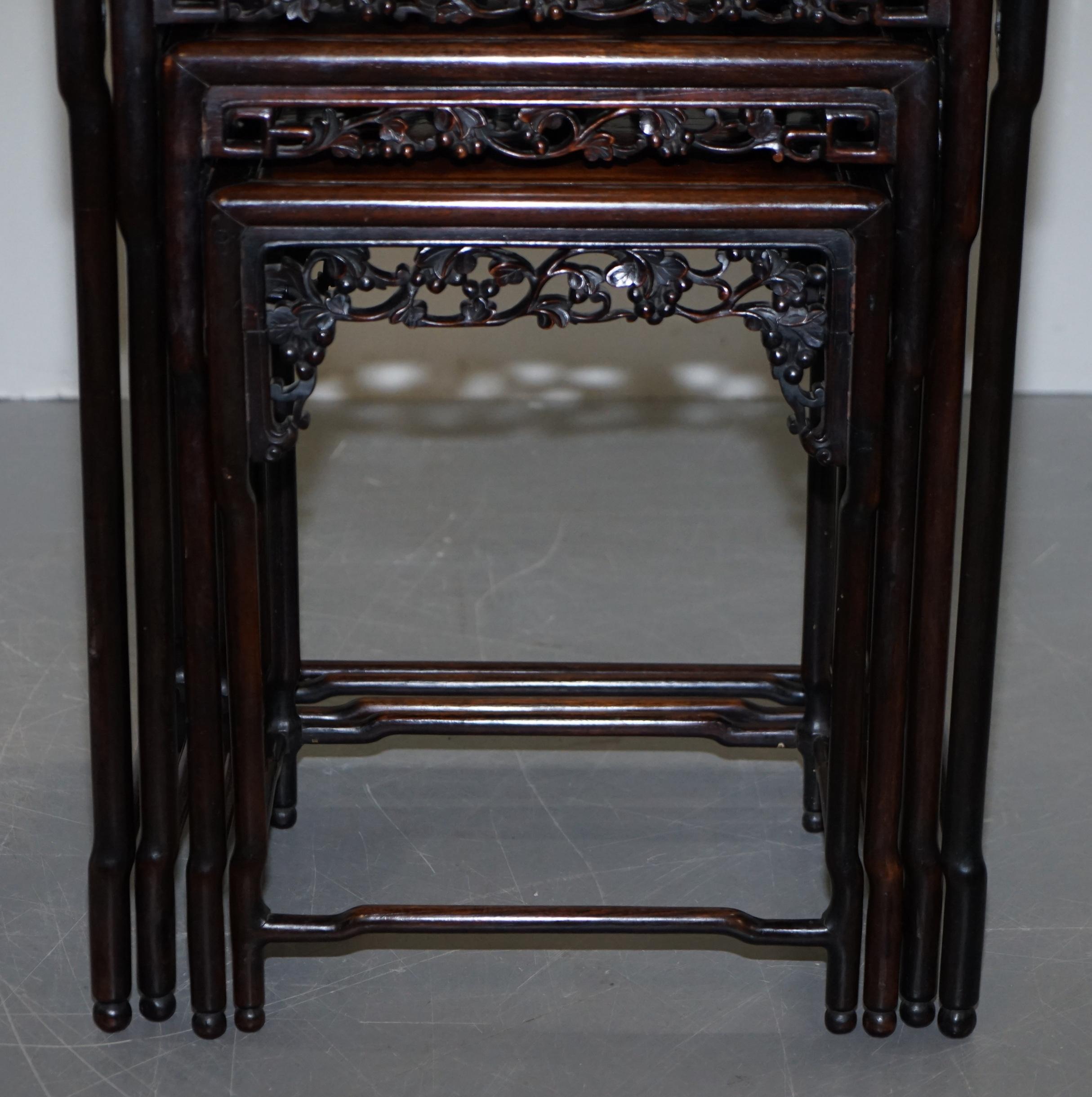 19th Century Chinese Hardwood Nest of Tables Heavily Fret Work Carved Floral 2