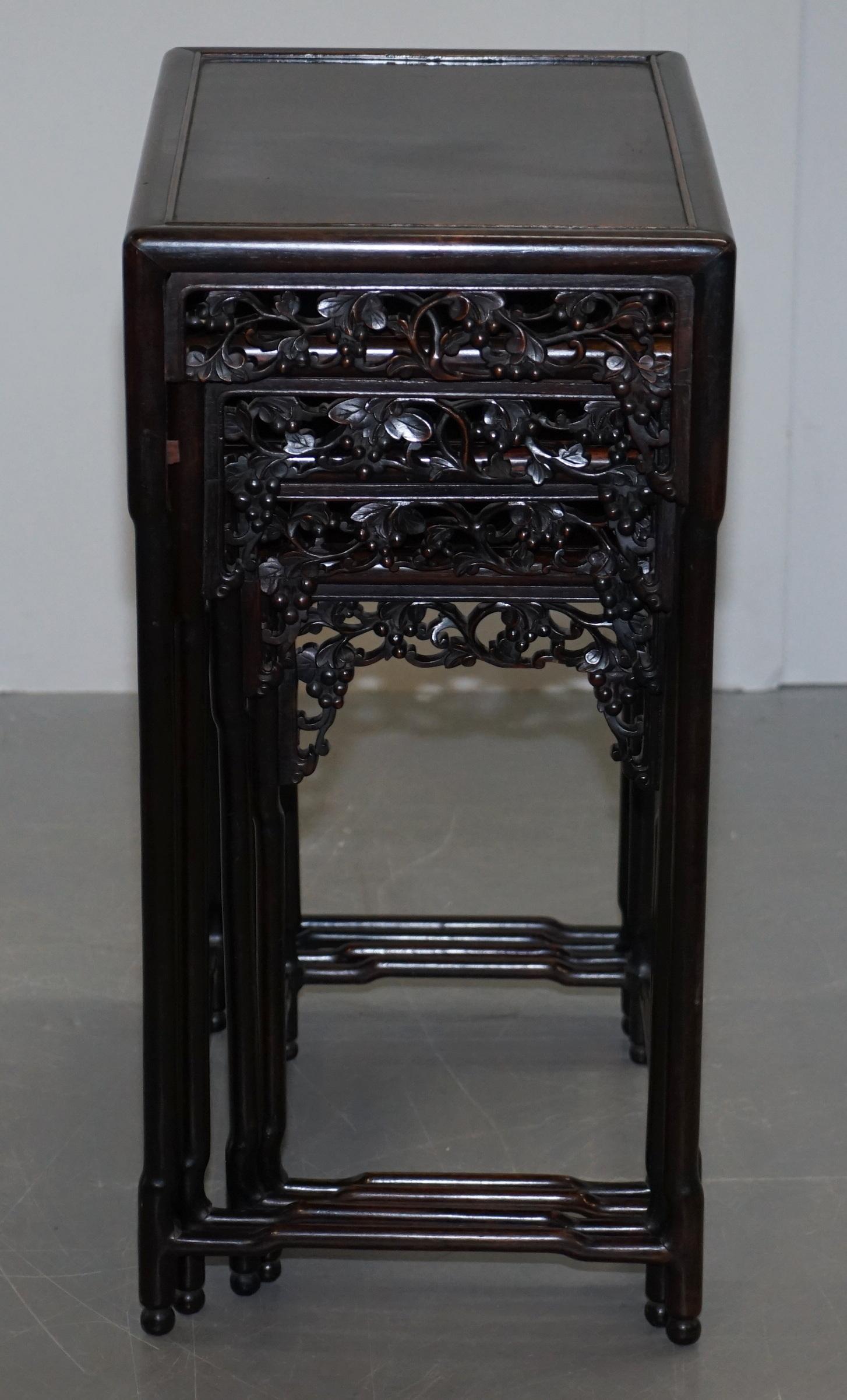 19th Century Chinese Hardwood Nest of Tables Heavily Fret Work Carved Floral 3