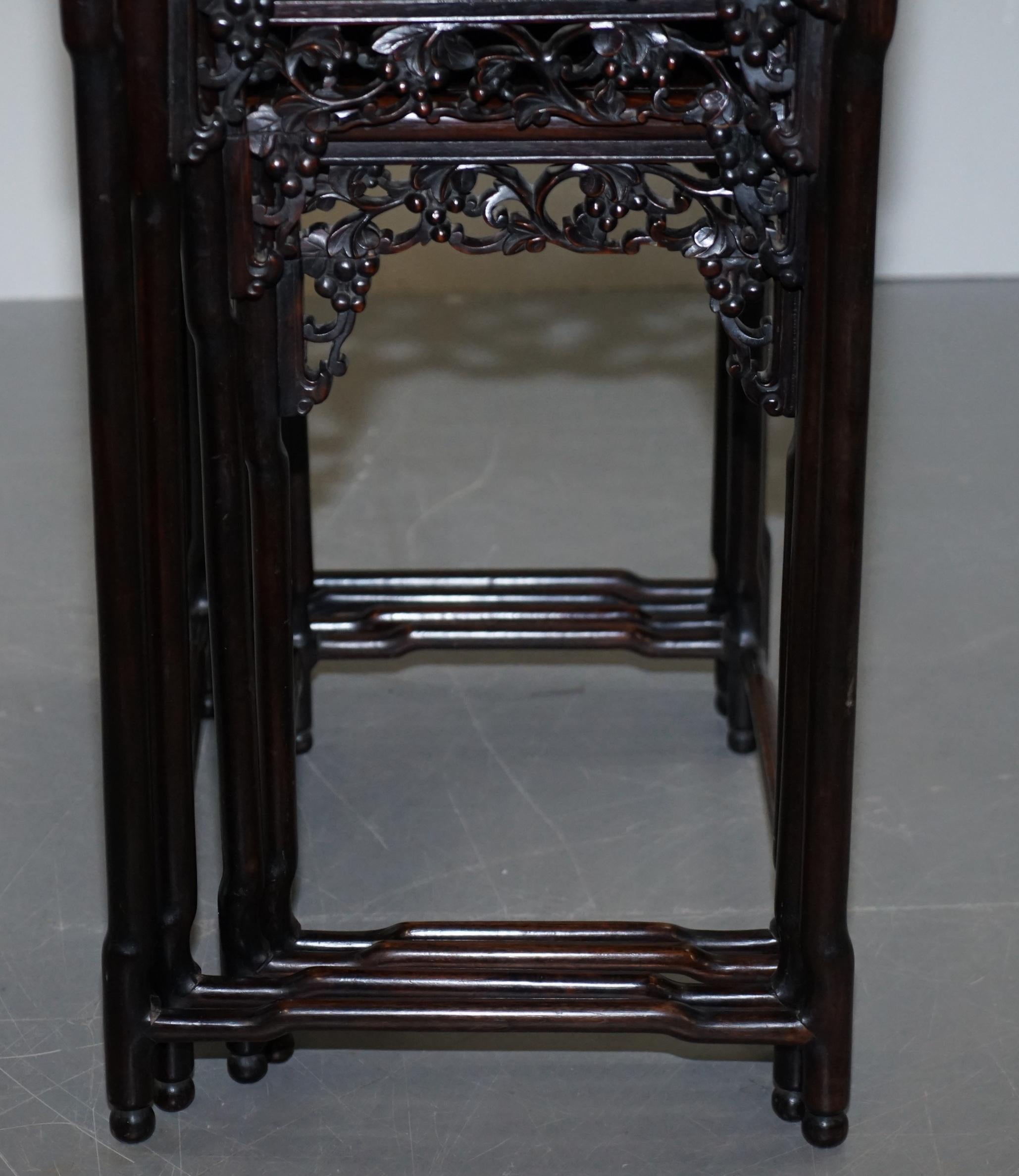 19th Century Chinese Hardwood Nest of Tables Heavily Fret Work Carved Floral 4