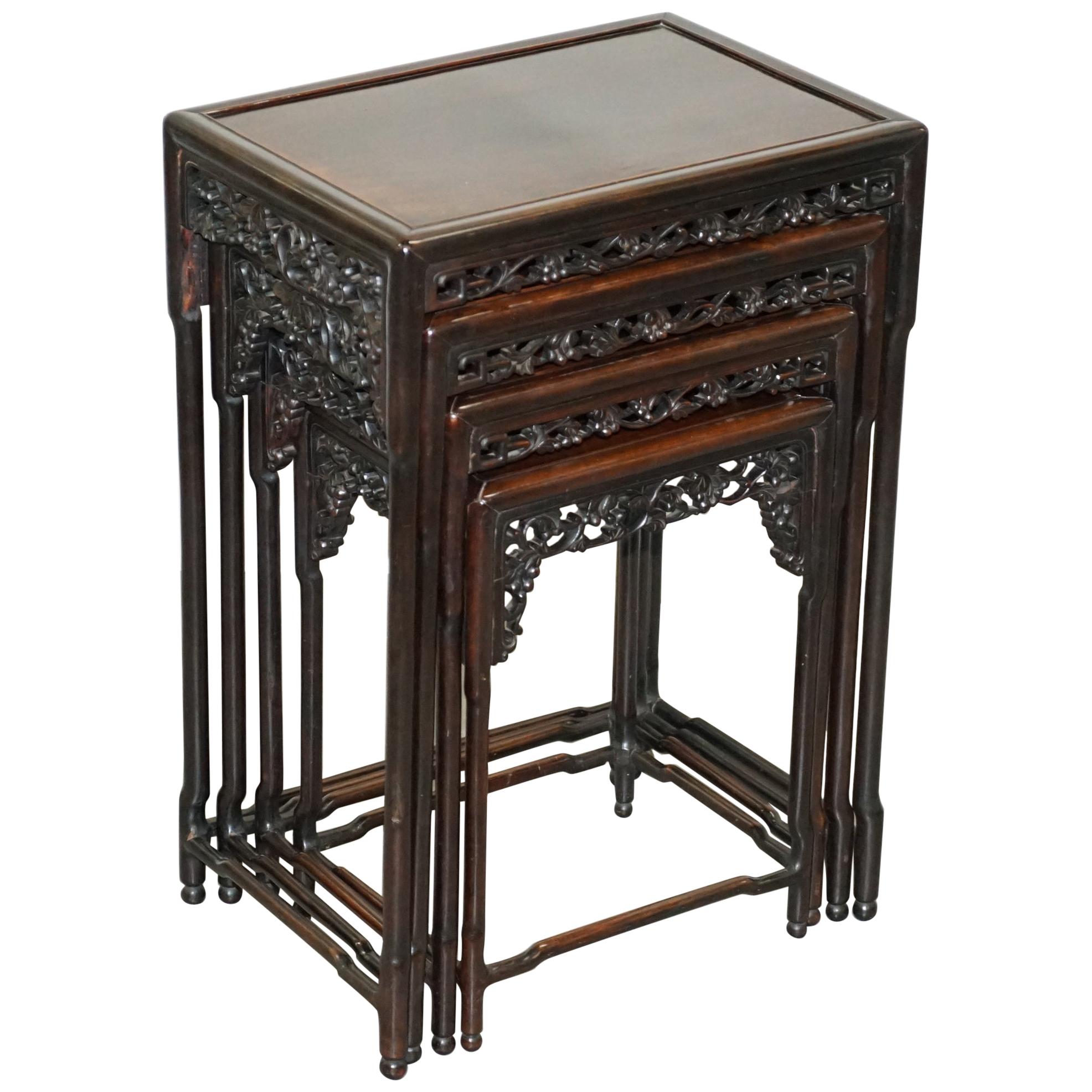 19th Century Chinese Hardwood Nest of Tables Heavily Fret Work Carved Floral