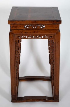 19th Century Chinese Hardwood Pedestal Stand with Carved Bat Motifs