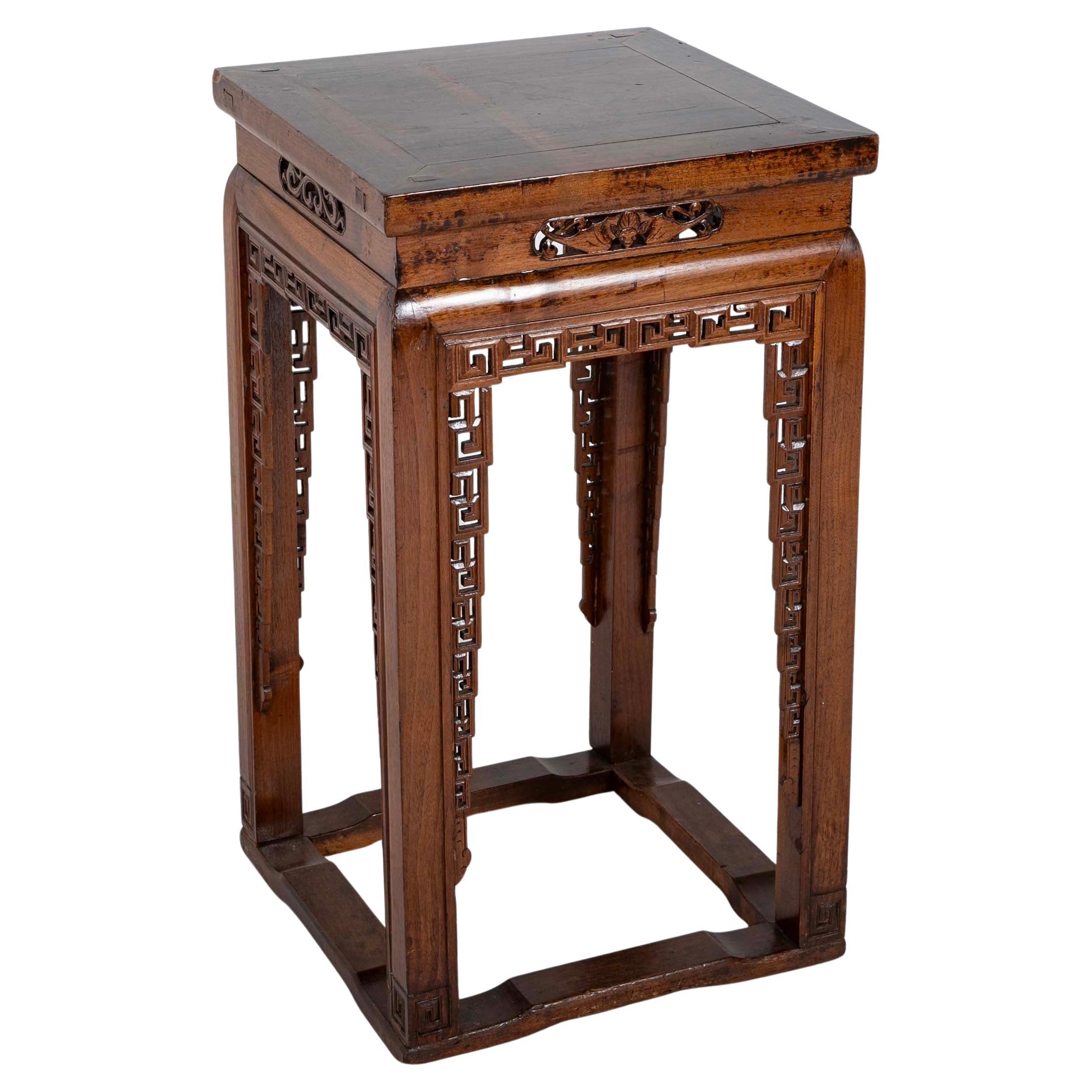 19th Century Chinese Hardwood Pedestal Stand with Carved Bat Motifs