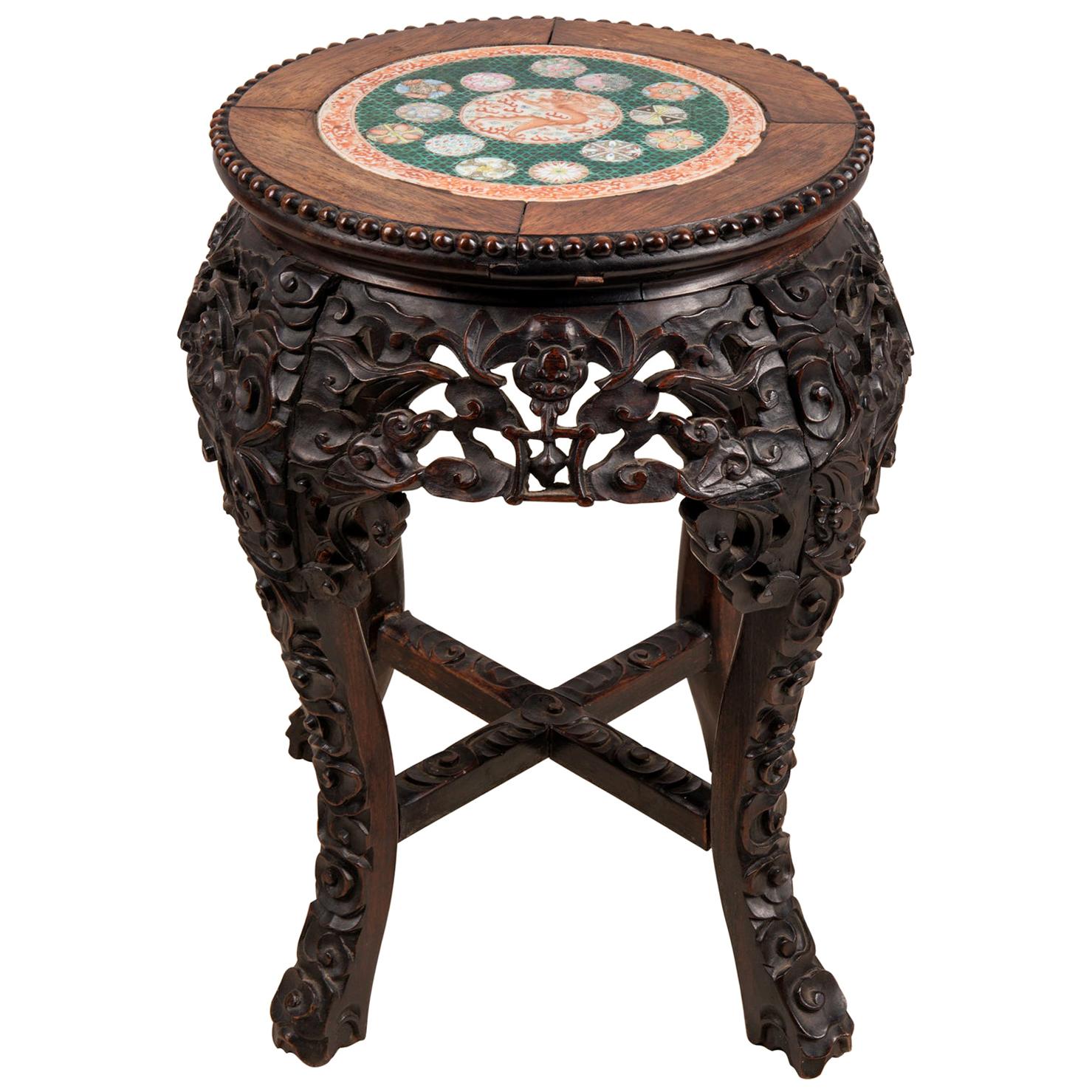 19th Century Chinese Hardwood Stand with Inset Famille Verte Plate