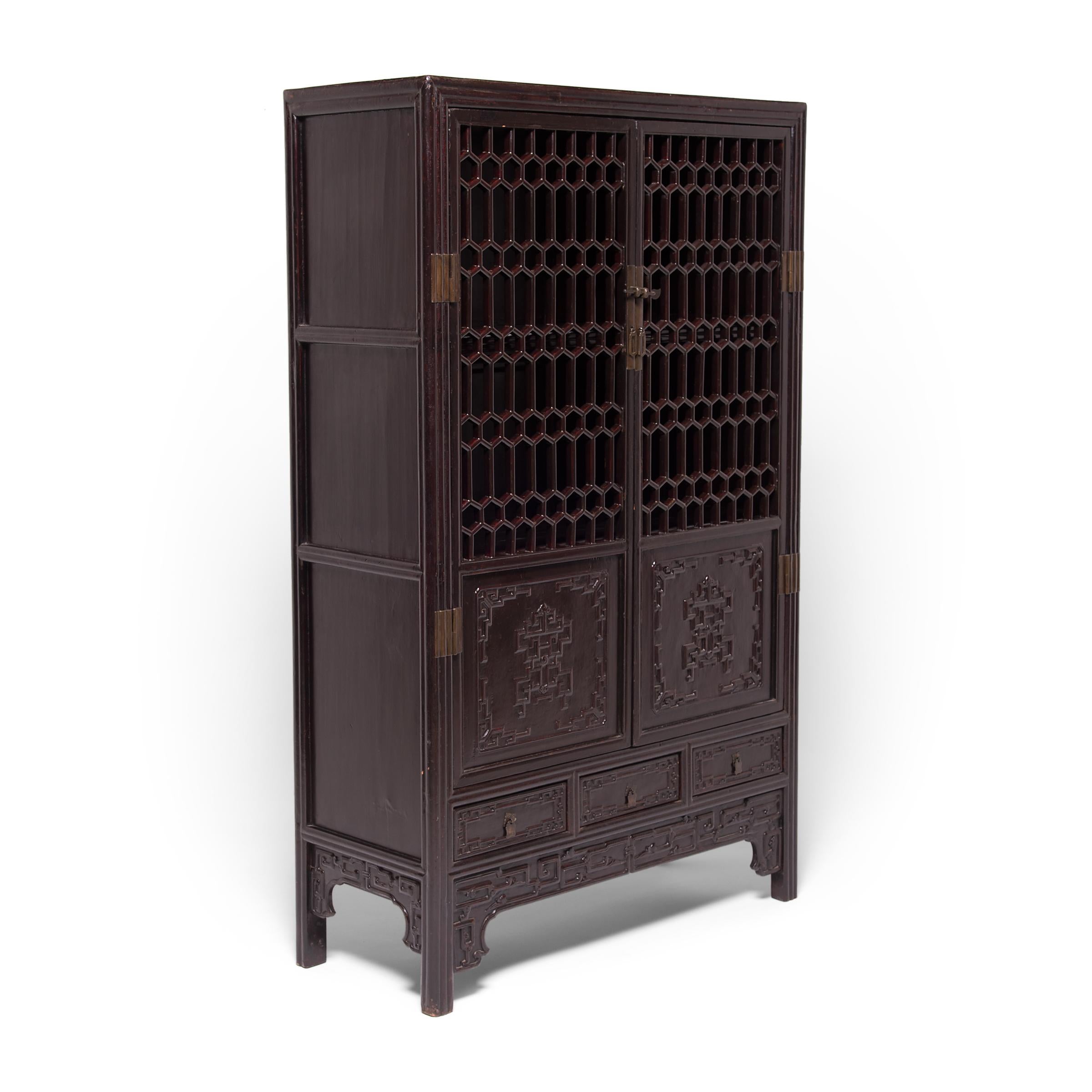 Qing Chinese Honeycomb Lattice Display Cabinet, c. 1800 For Sale