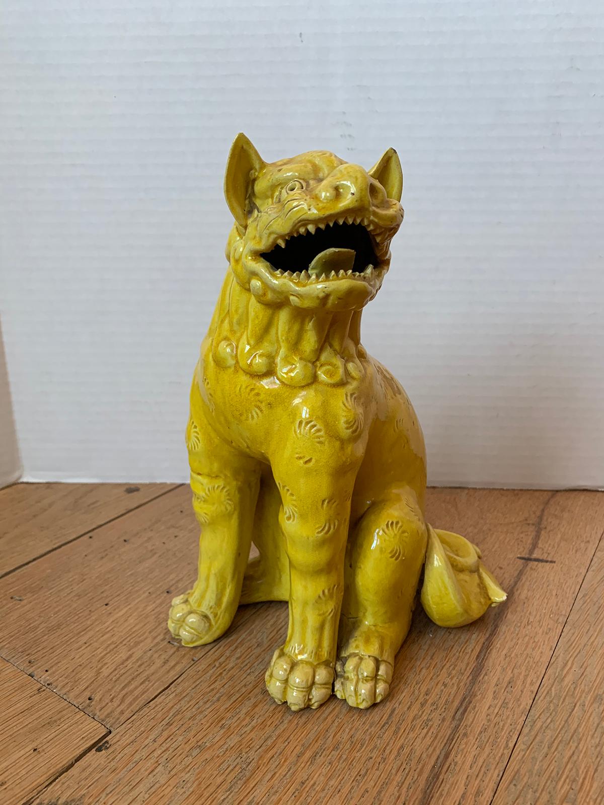 19th century Chinese imperial yellow handmade pottery foo dog, unmarked.