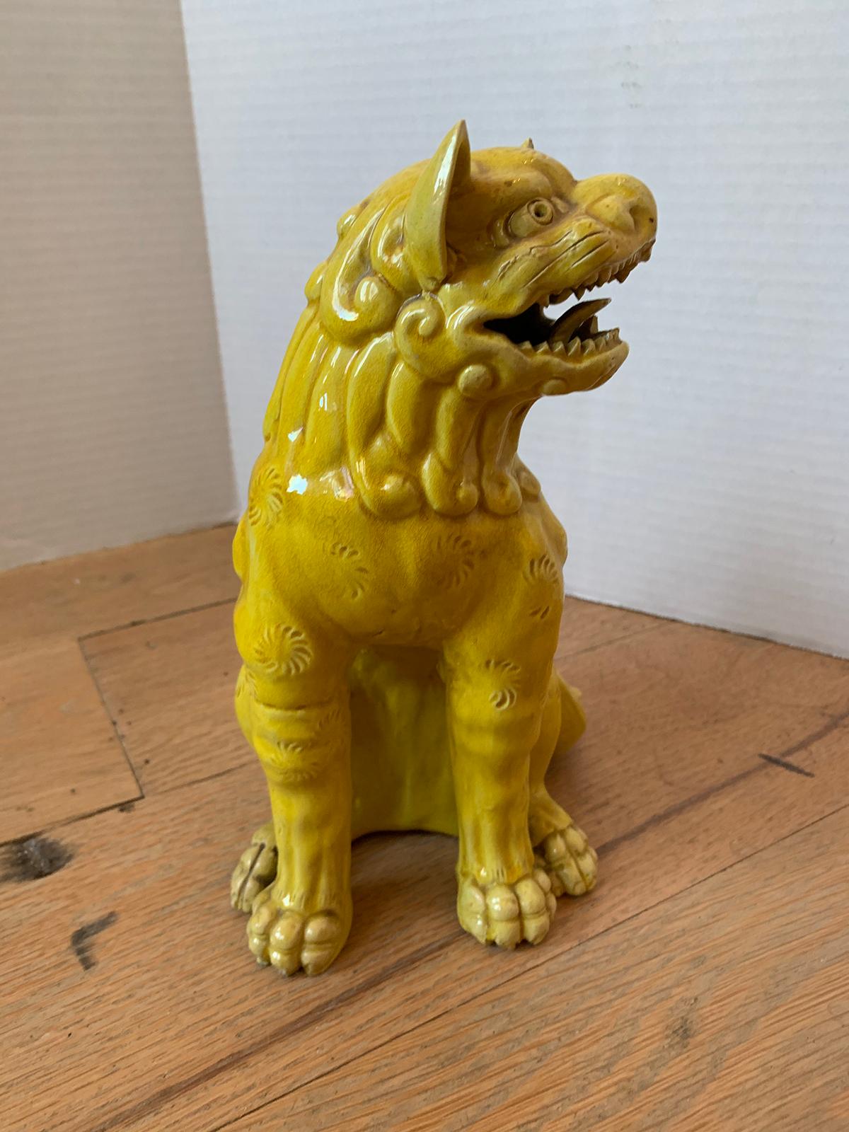 19th Century Chinese Imperial Yellow Handmade Pottery Foo Dog, Unmarked In Good Condition For Sale In Atlanta, GA