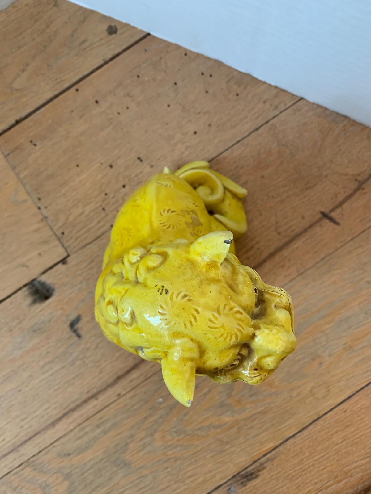 19th Century Chinese Imperial Yellow Handmade Pottery Foo Dog, Unmarked For Sale 1