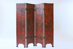 19th Century Chinese Incised Red Lacquer Four Panel Screen