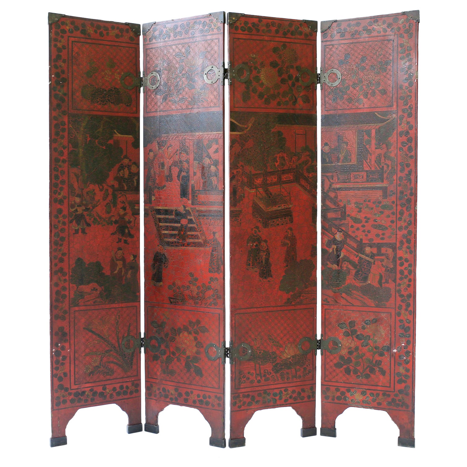 19th Century Chinese Incised Red Lacquer Four Panel Screen