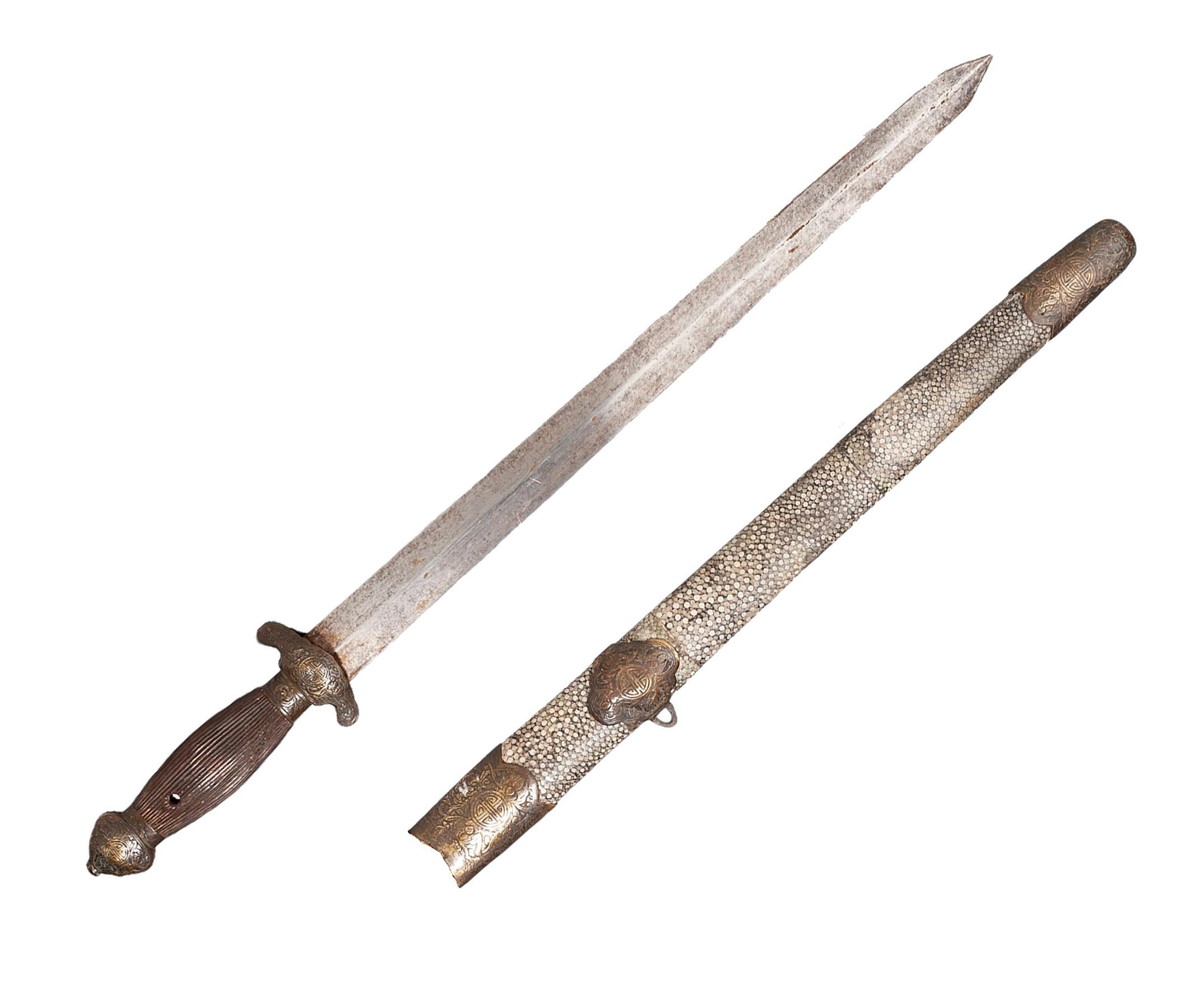 épée moyenne Jian décorative chinoise du 19e siècle avec une lame en métal à double tranchant et un fourreau

Par : inconnu
MATERIAL : fer, métal, peinture, laiton, cuivre, bois, peau d'animal, zinc
Technique : forgé, martelé, peint, doré, sculpté,