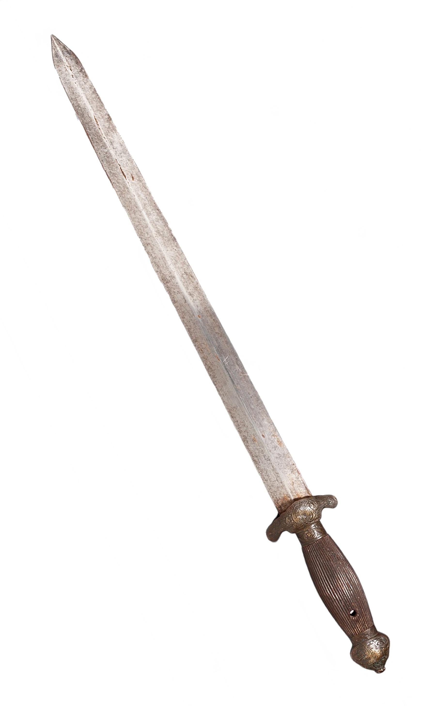 Métal Sabre chinoise Jian du 19e siècle avec lame en métal à double bord et scabbard en vente