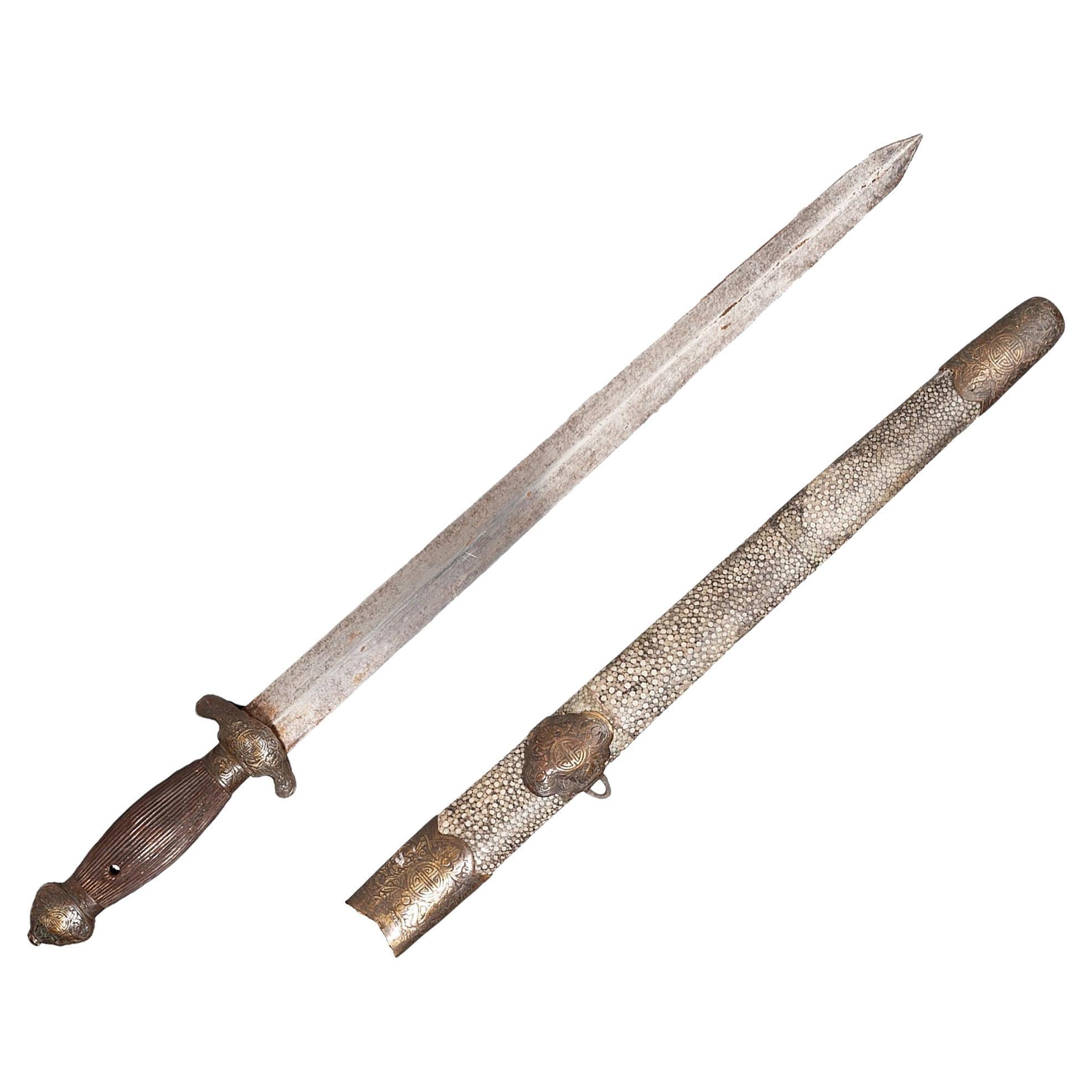 19th Century Chinese Jian Sword with a Double-Edged Metal Blade and Scabbard