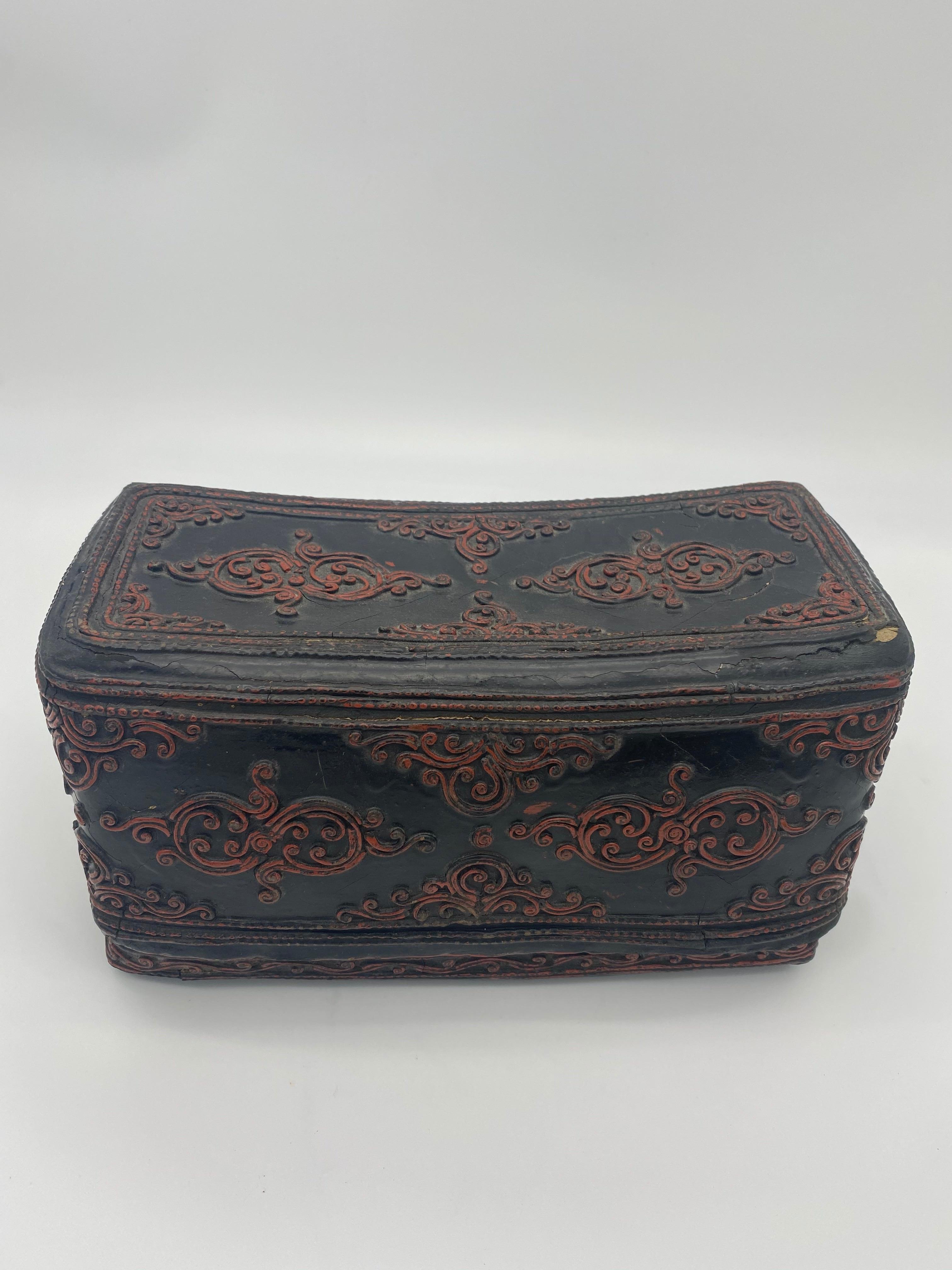 18th century Burmese black bamboo pillow box in relief with red Rakhine lacquer. Created with bamboo weaving. Decorated all-over with geometrical shapes and designs. See image for more detail.
