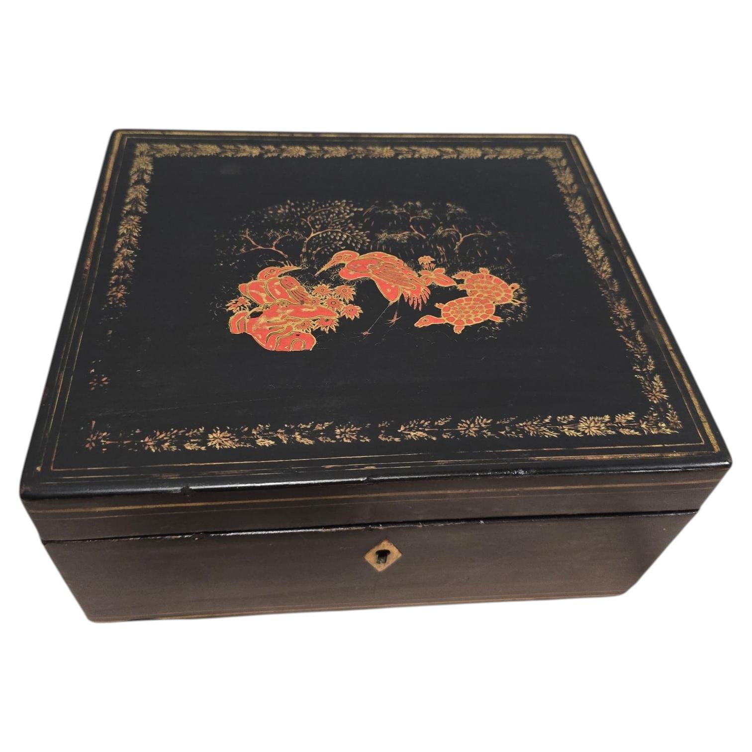 19th Century Chinese Lacquer Box with Engraved Metal Interior