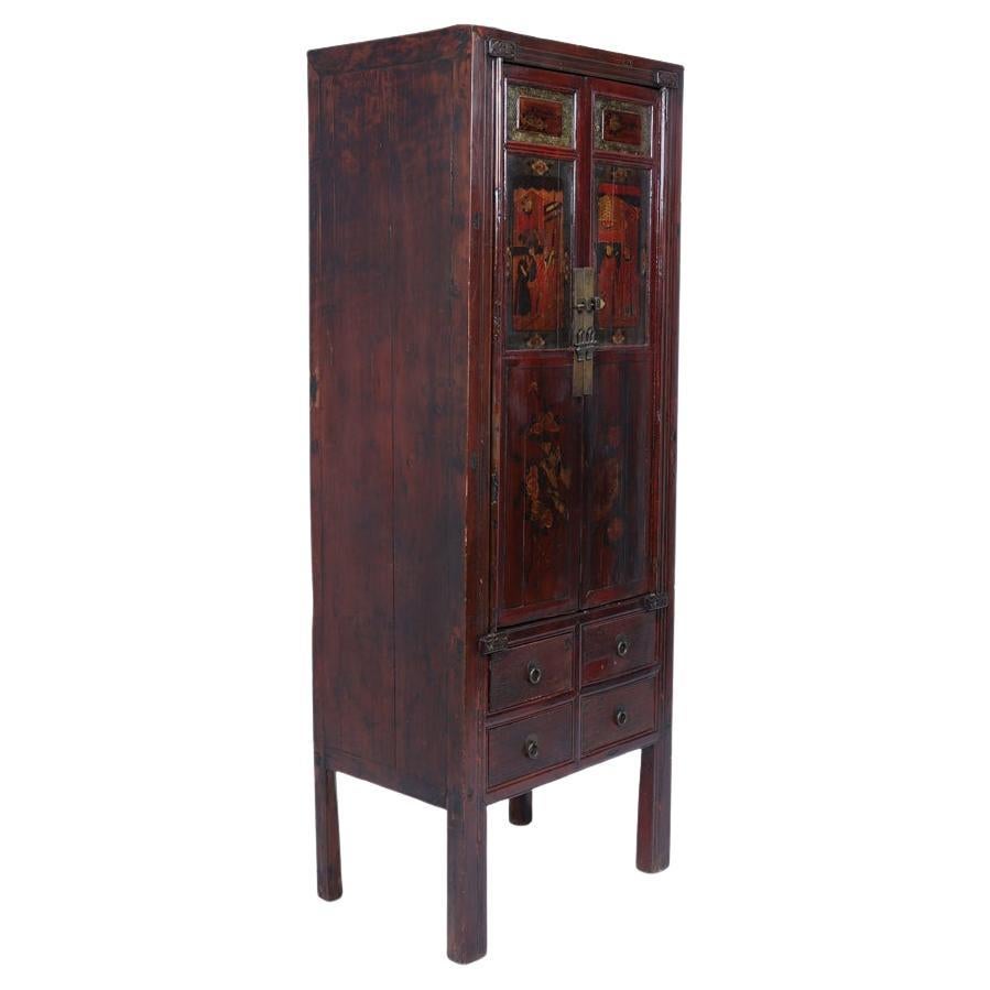 19th Century Chinese Lacquer Cabinet with Painted Panels For Sale
