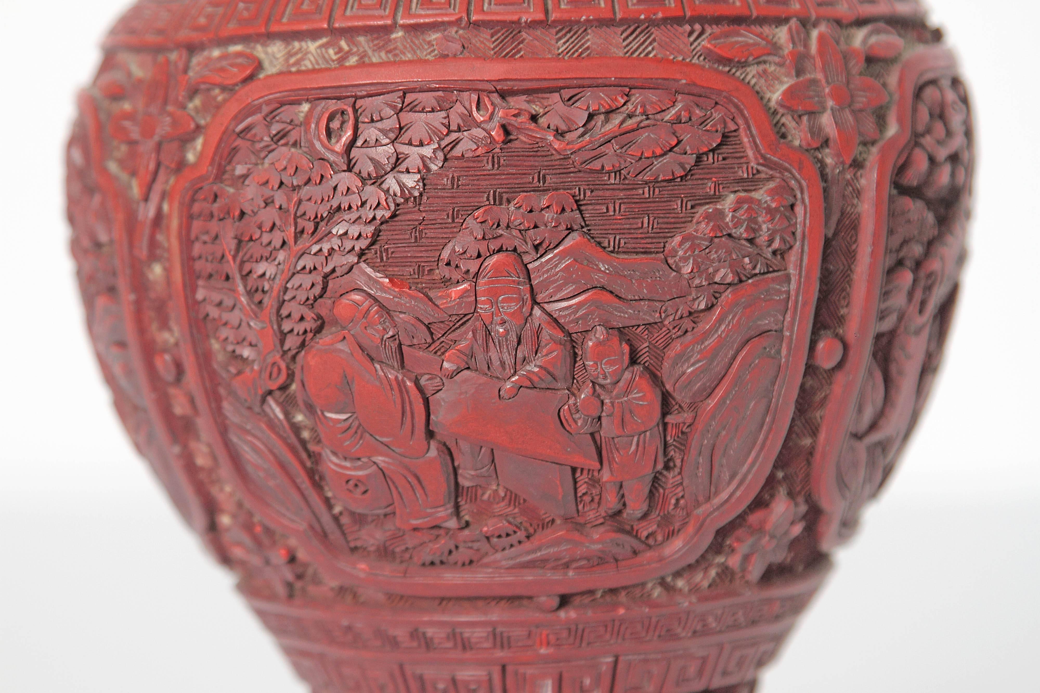 Hand-Carved 19th Century Chinese Lacquer Cinnabar Vase