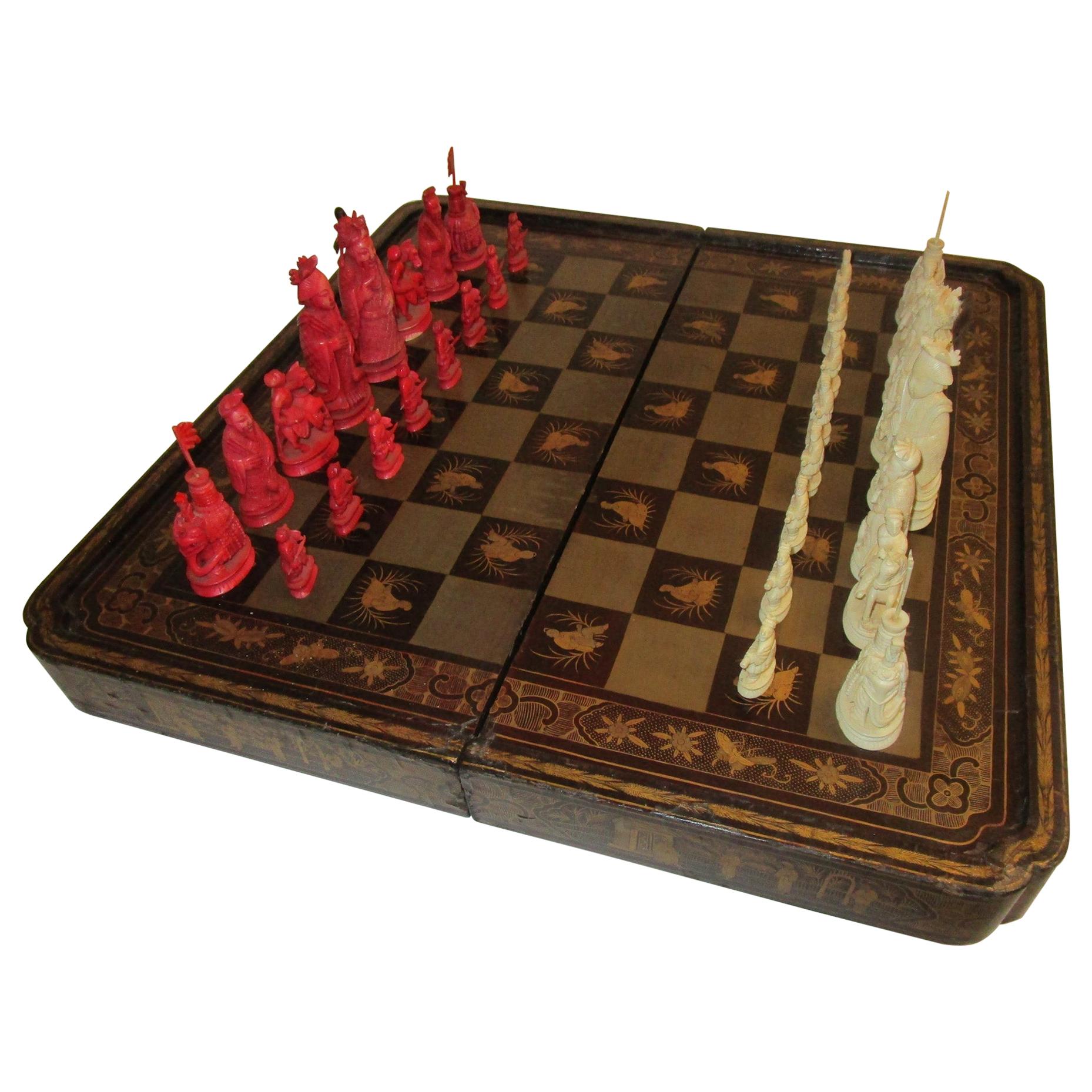 19th Century Chinese Lacquer Giltwood Board Chess Set