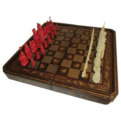 Antique 19th Century Chinese Lacquer Giltwood Board Chess Set