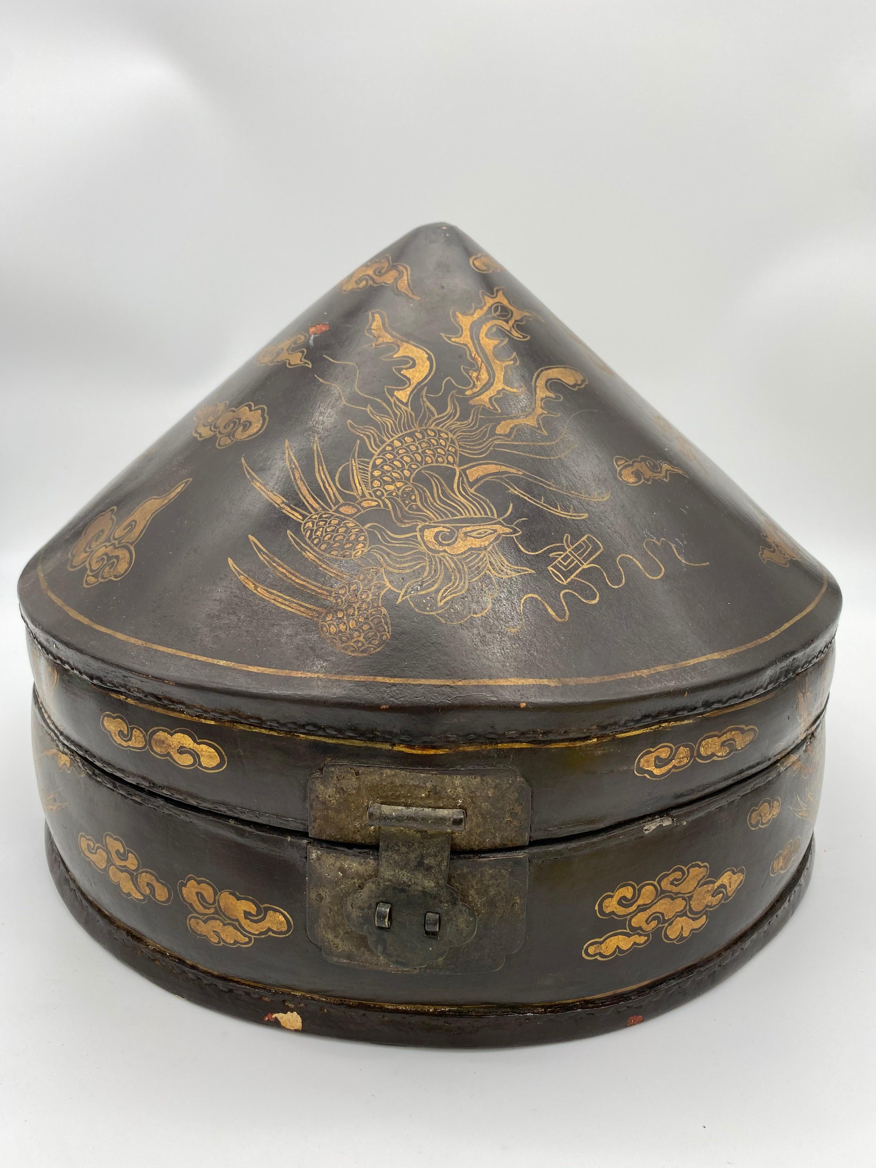 19th Century Chinese Lacquer Leather Hat Box with gold paint phoenix bird and cloud