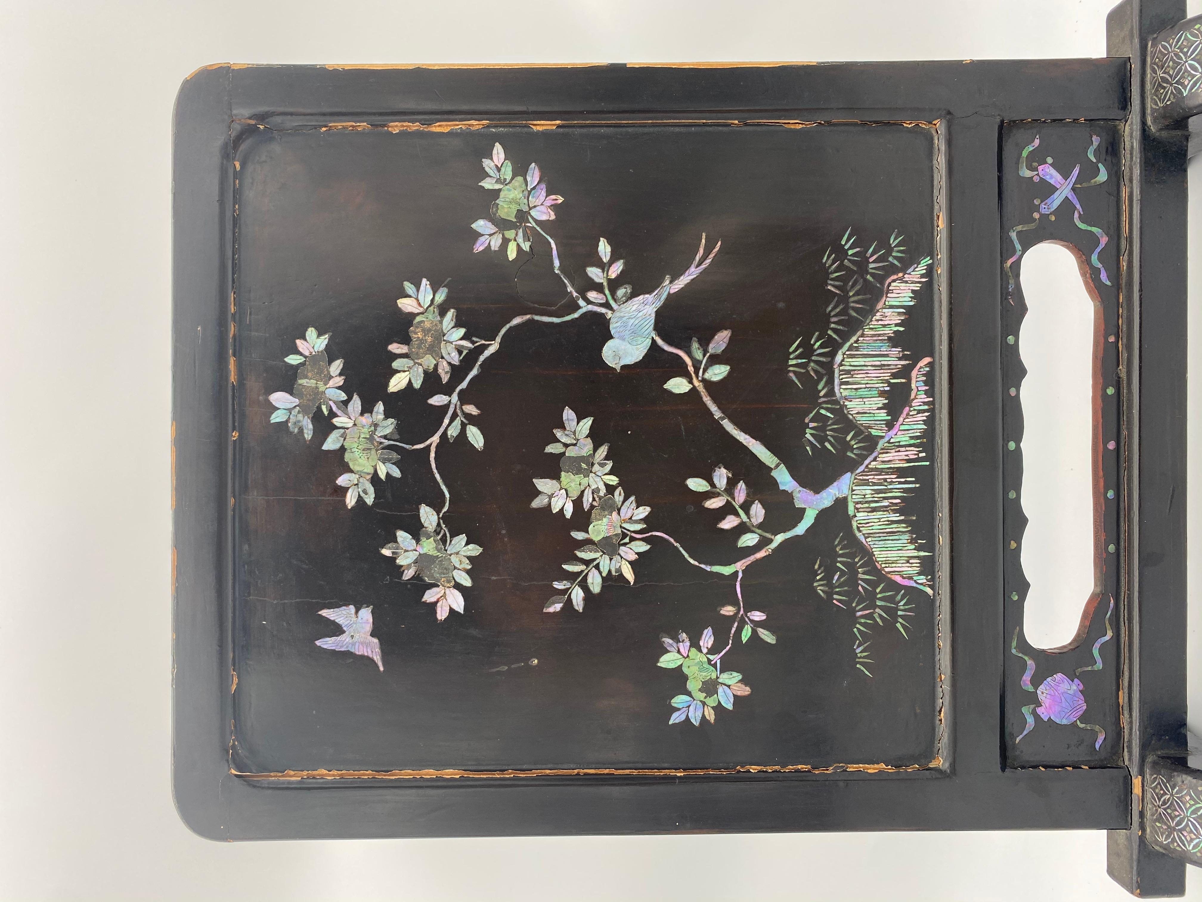 19th century Chinese lacquer mother of pearl plaque from the Qing Dynasty. Beautiful images of ancient Chinese people with floral designs and birds. Please note: some losses due to old age.