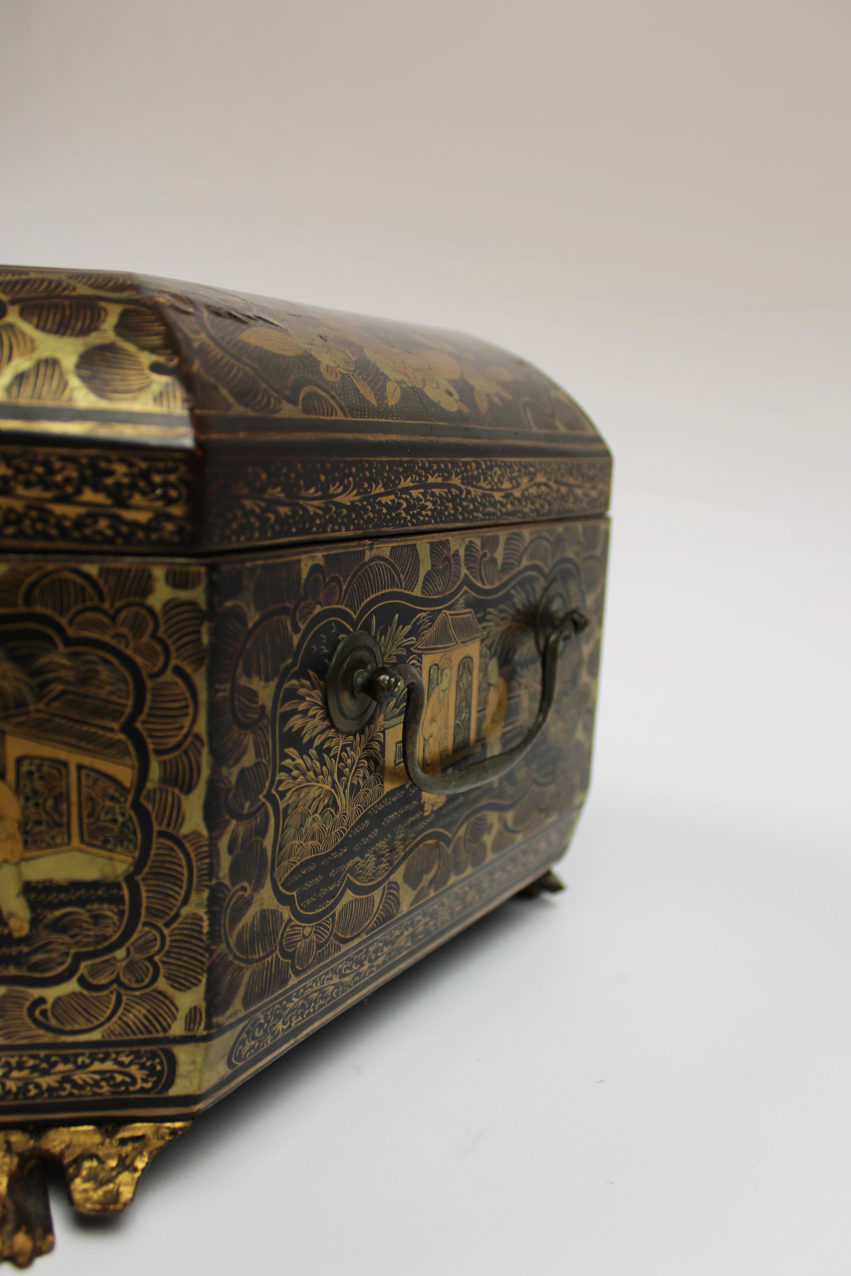19th Century Chinese Lacquer Sewing Box Antique Chinoiserie Black Gilt For Sale 5