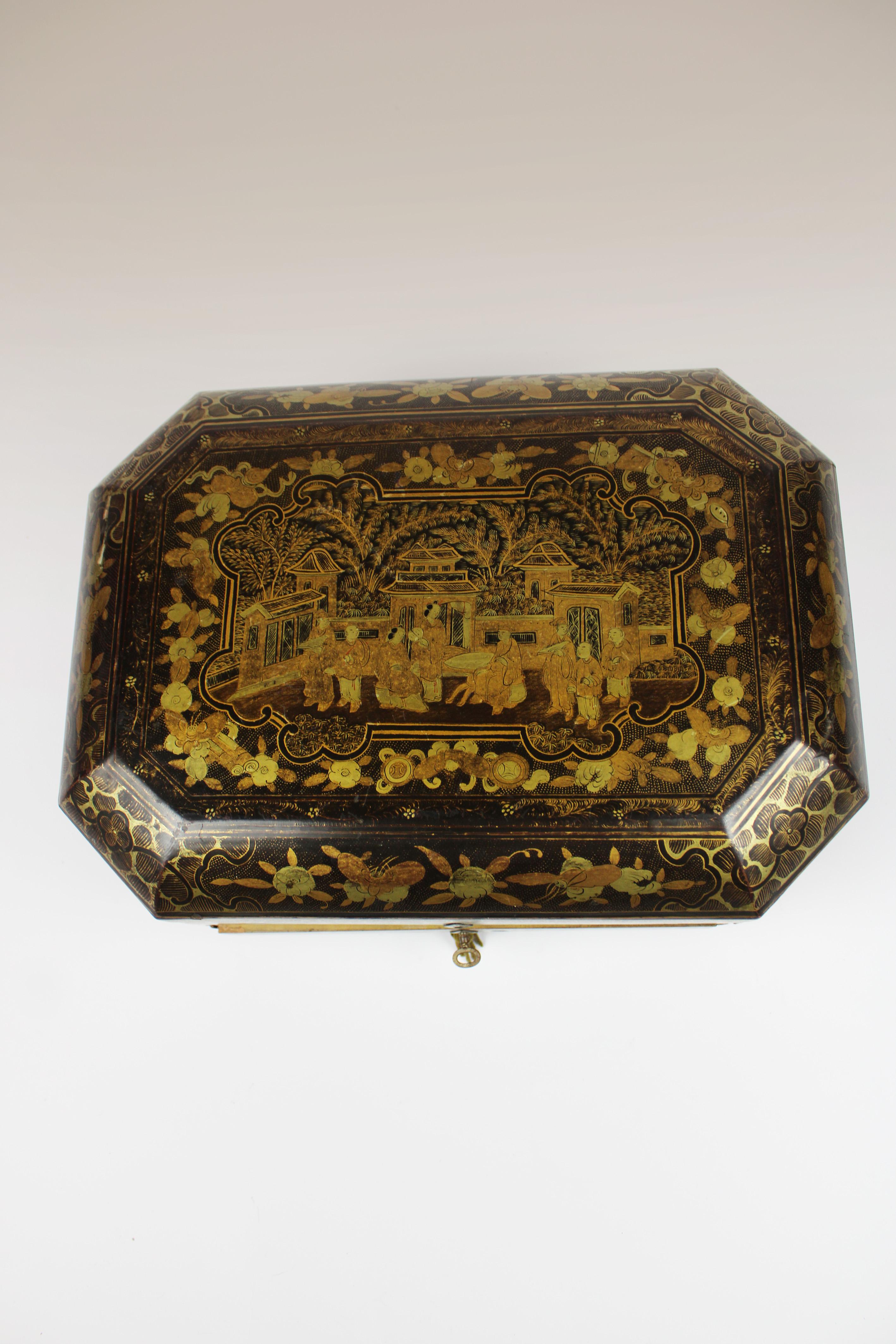19th Century Chinese Lacquer Sewing Box Antique Chinoiserie Black Gilt For Sale 6