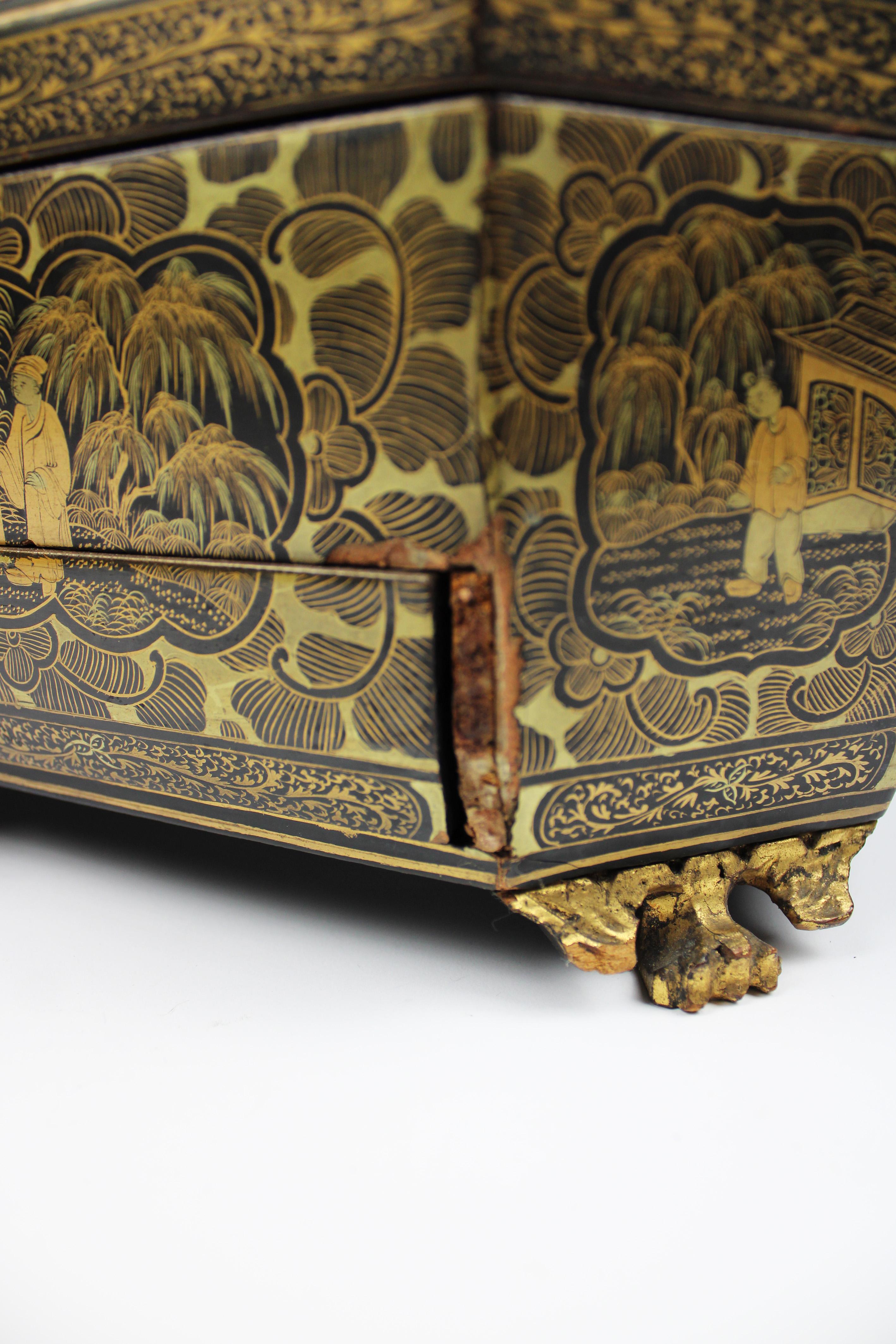 Chinesische Lack- Nähkastenschachtel aus dem 19. Jahrhundert, antike Chinoiserie, schwarz vergoldet im Angebot 7