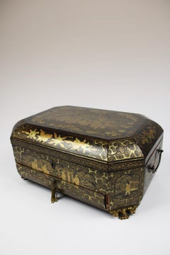 19th Century Chinese Lacquer Sewing Box Antique Chinoiserie Black Gilt
