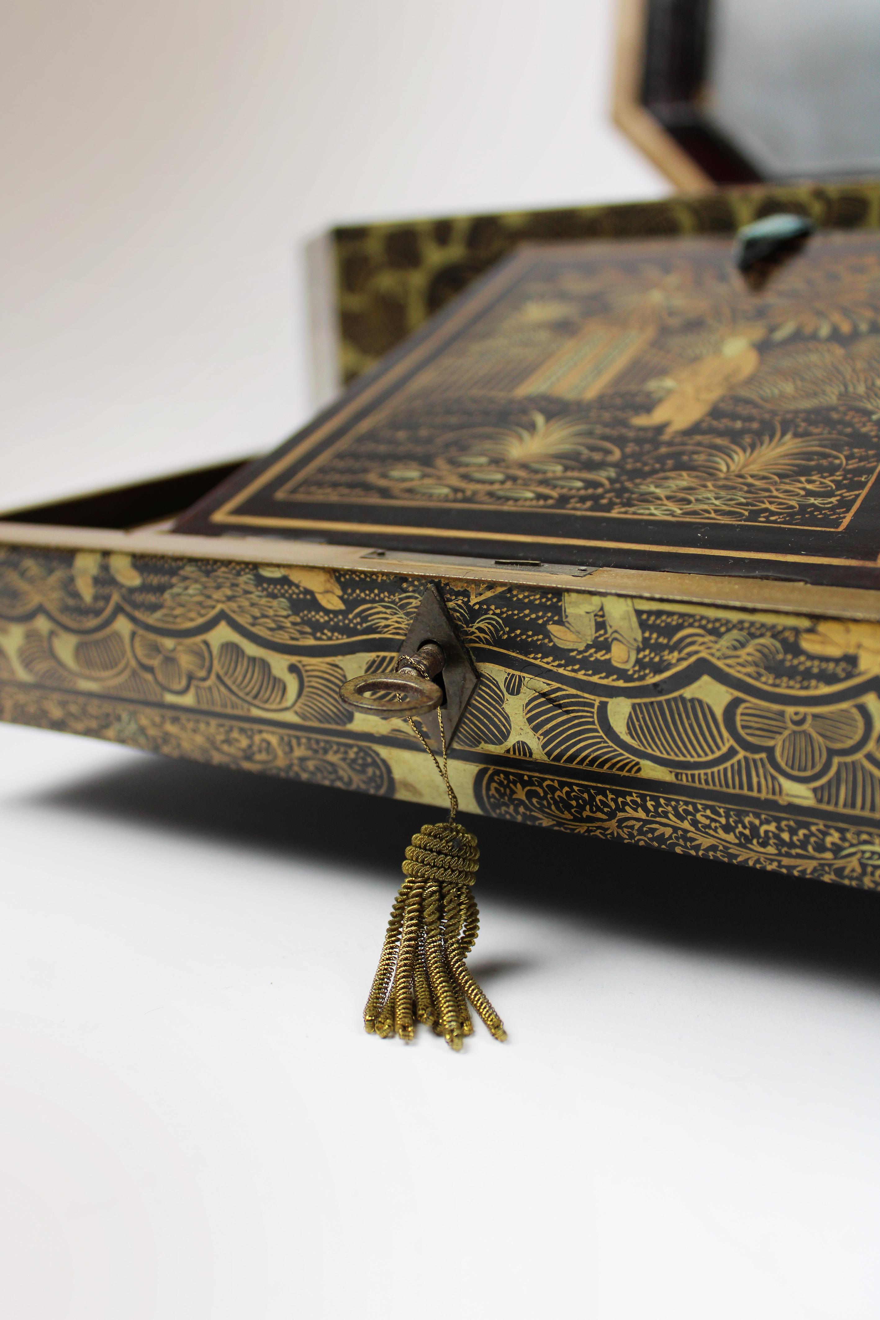 Lacquered 19th Century Chinese Lacquer Sewing Box Antique Chinoiserie Black Gilt For Sale