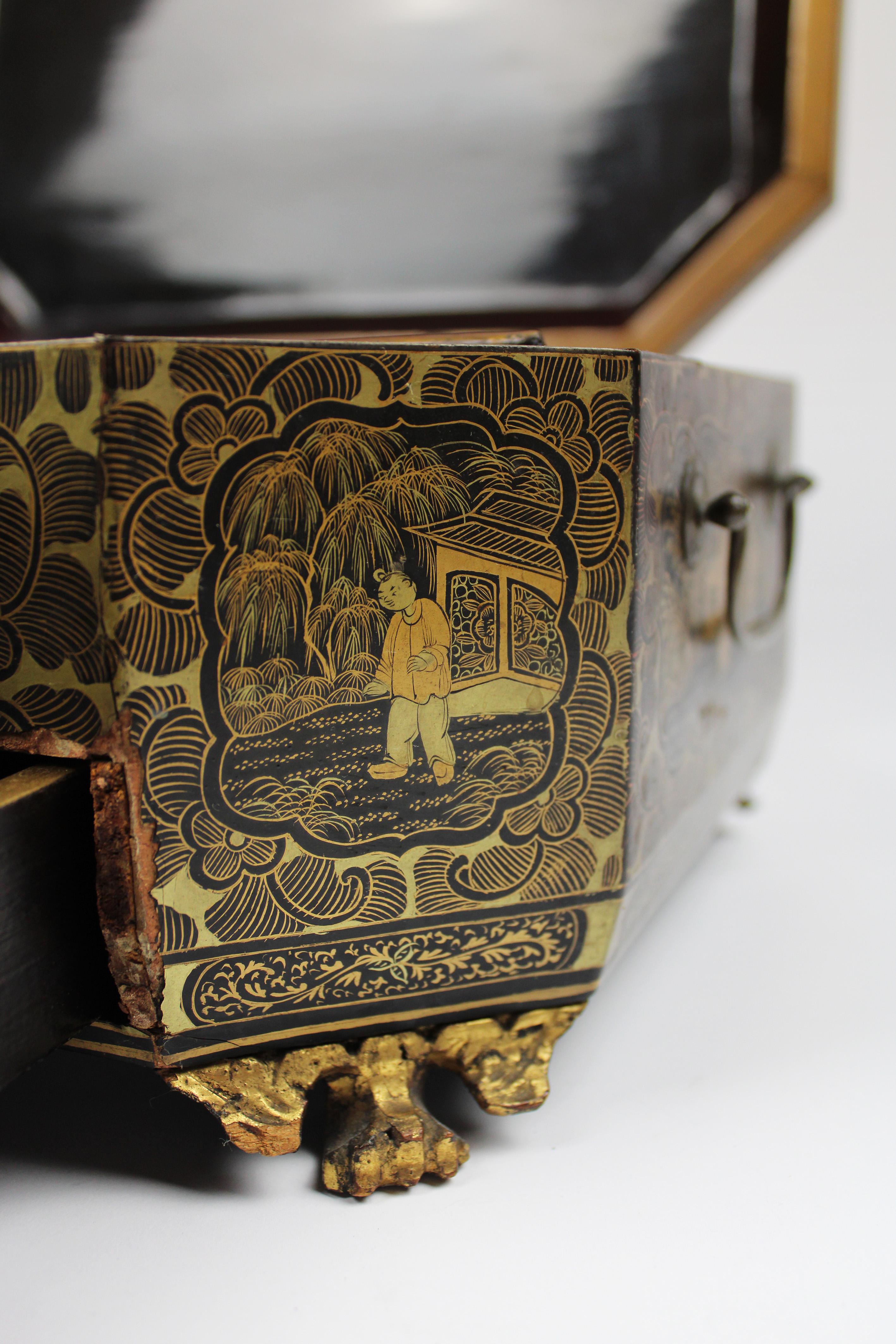 19th Century Chinese Lacquer Sewing Box Antique Chinoiserie Black Gilt For Sale 1