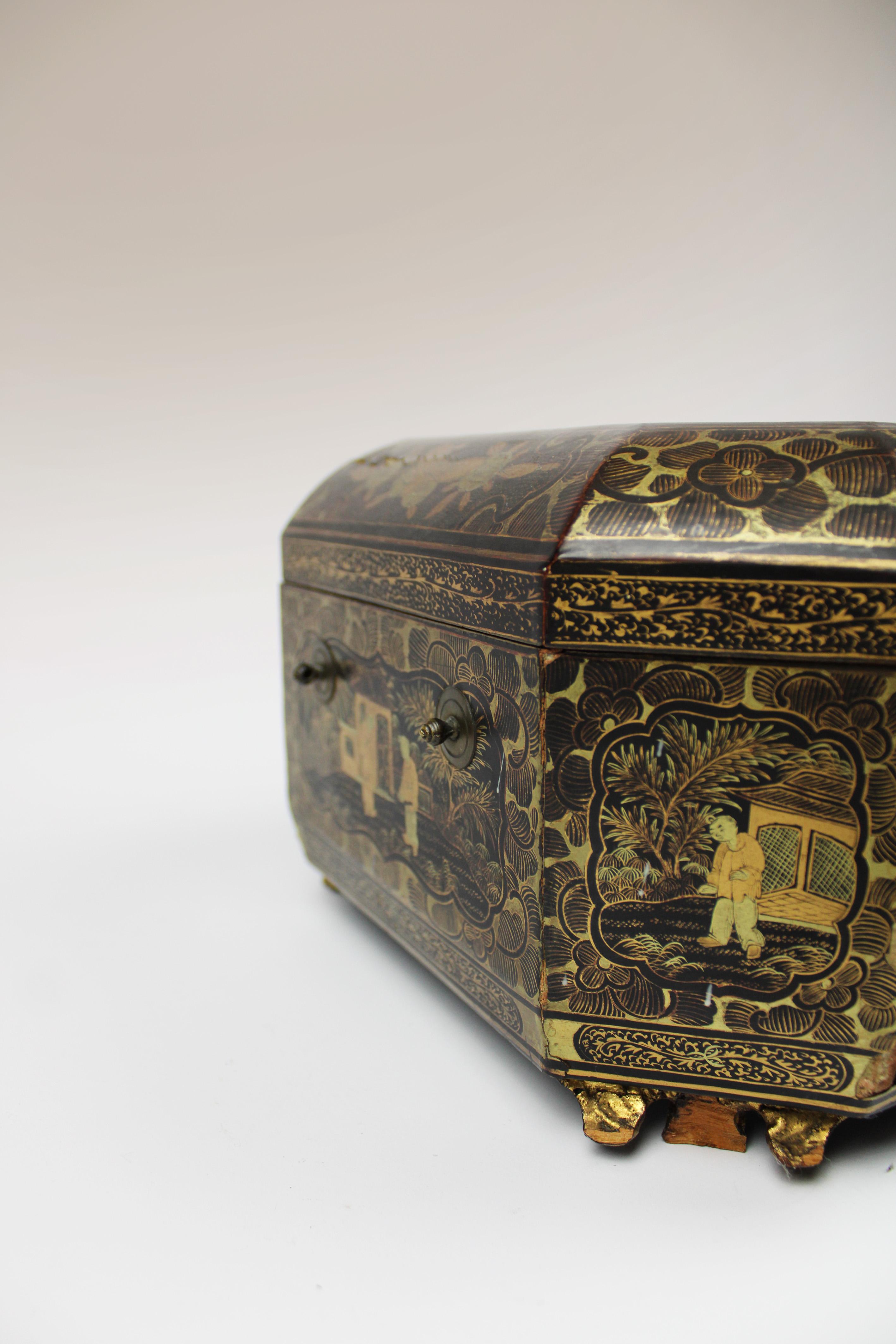 19th Century Chinese Lacquer Sewing Box Antique Chinoiserie Black Gilt For Sale 4