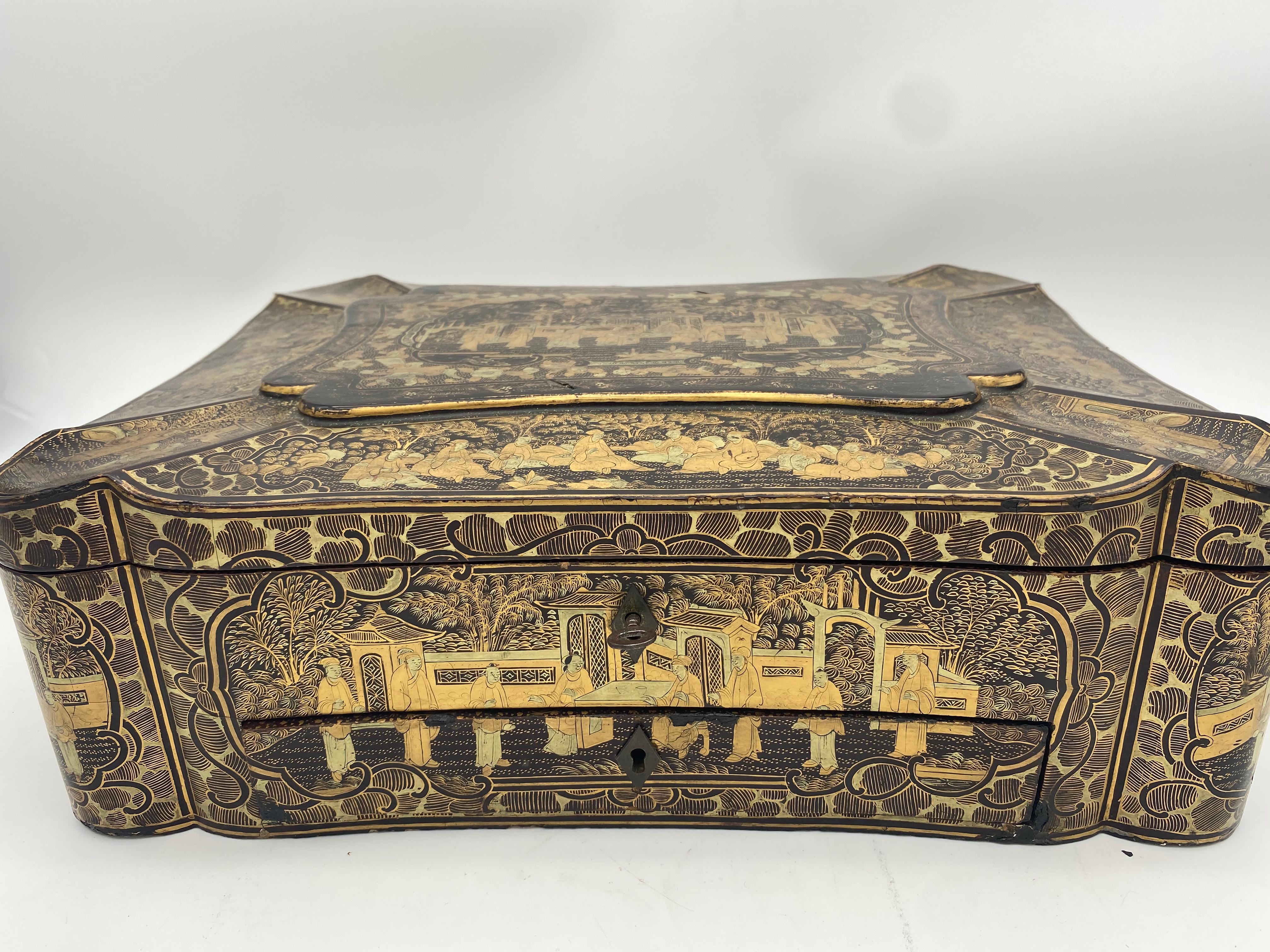 14 inch 19th Century Chinese Lacquer Sewing Box For Sale 4