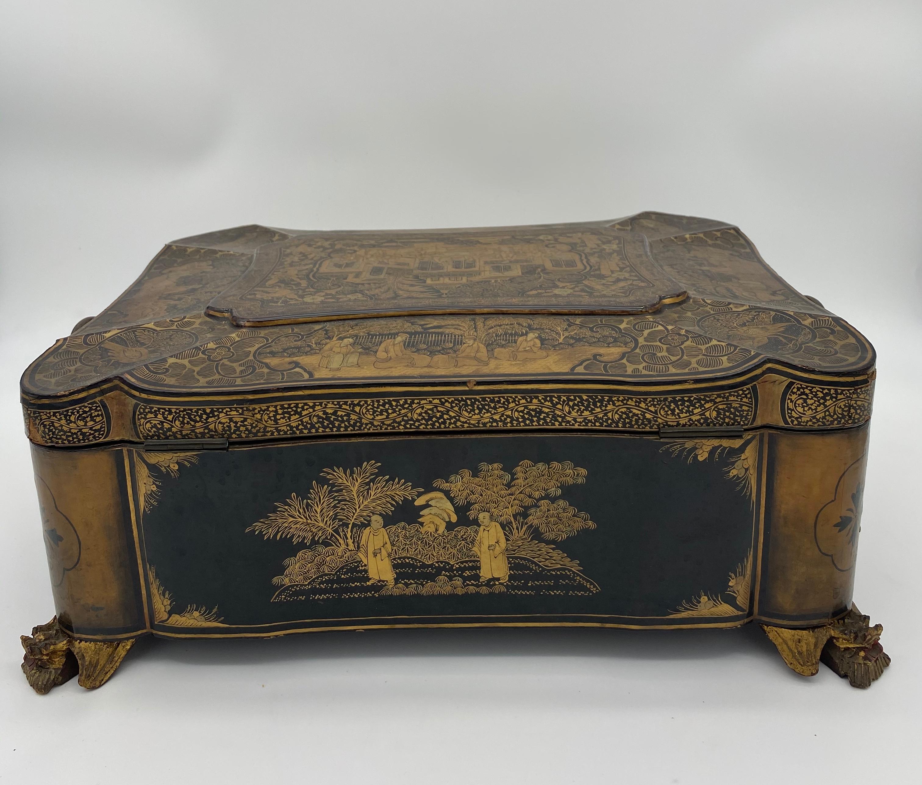 19th Century 14.25‘’ Large Chinese Lacquer Sewing Box For Sale 2
