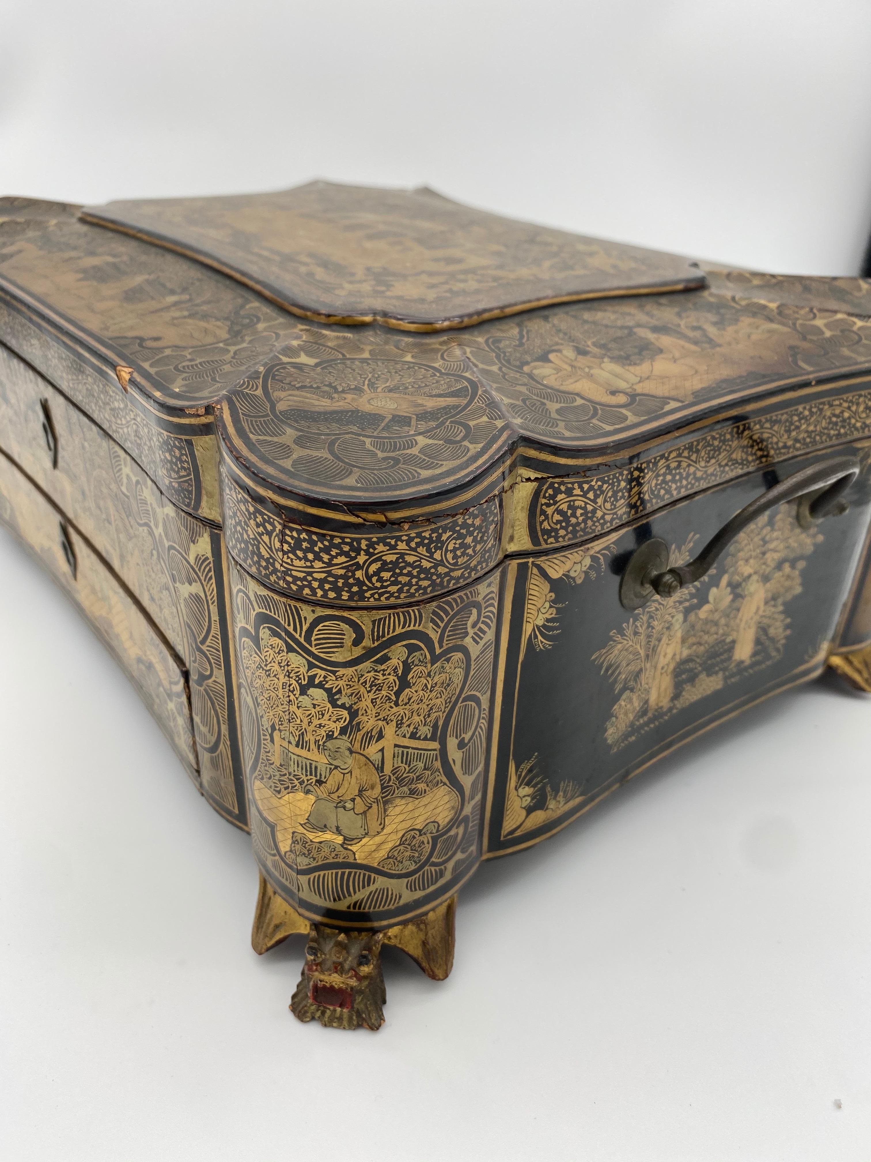 19th Century 14.25‘’ Large Chinese Lacquer Sewing Box For Sale 4