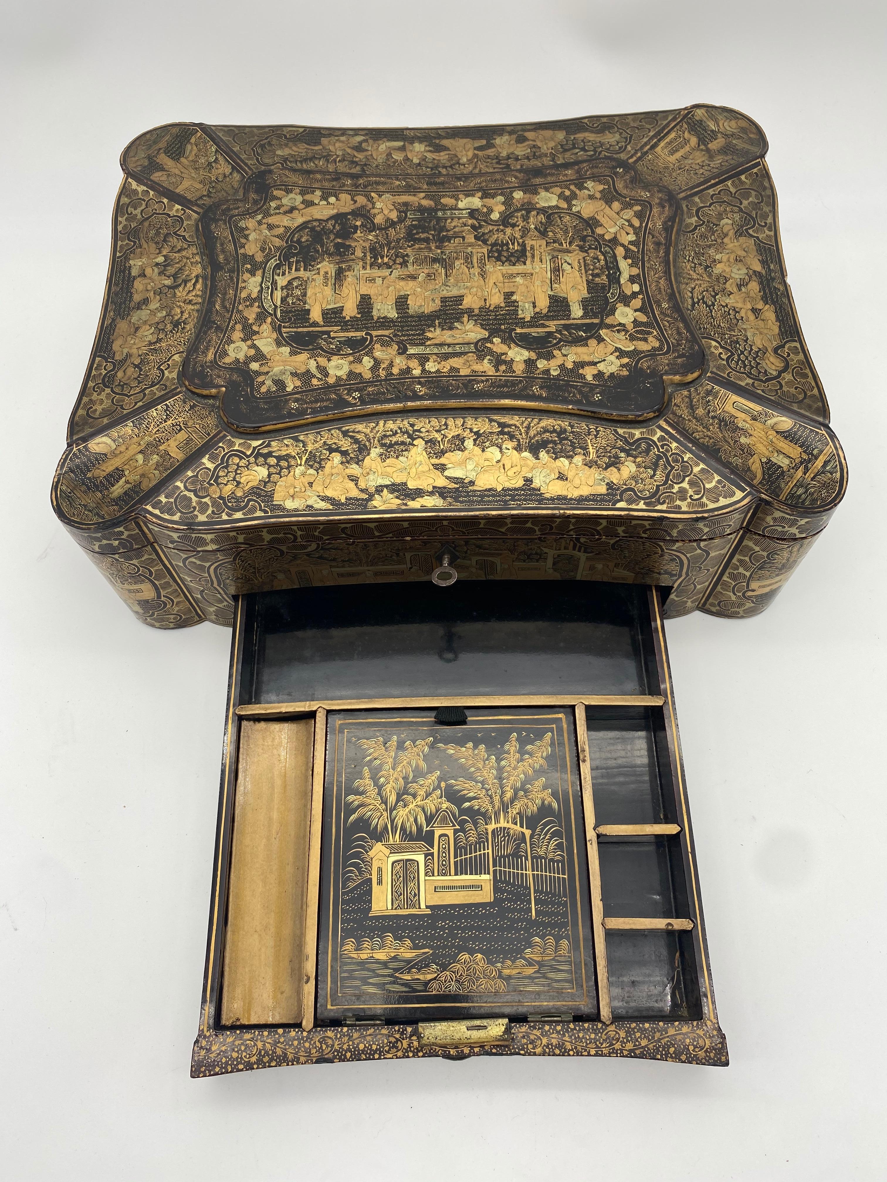 Qing 14 inch 19th Century Chinese Lacquer Sewing Box For Sale