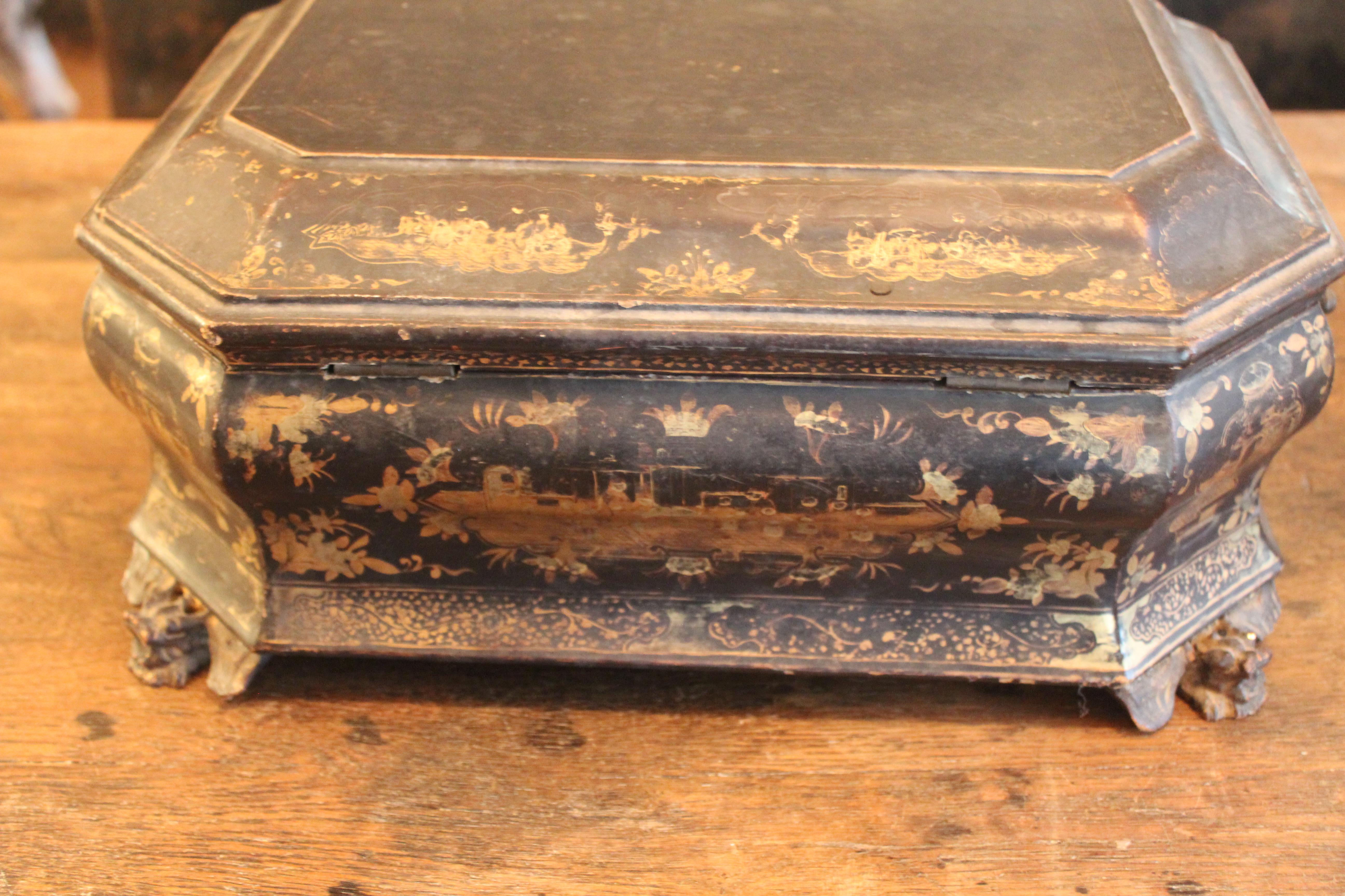 Gilt 19th Century Chinese Lacquer Sewing Box For Sale