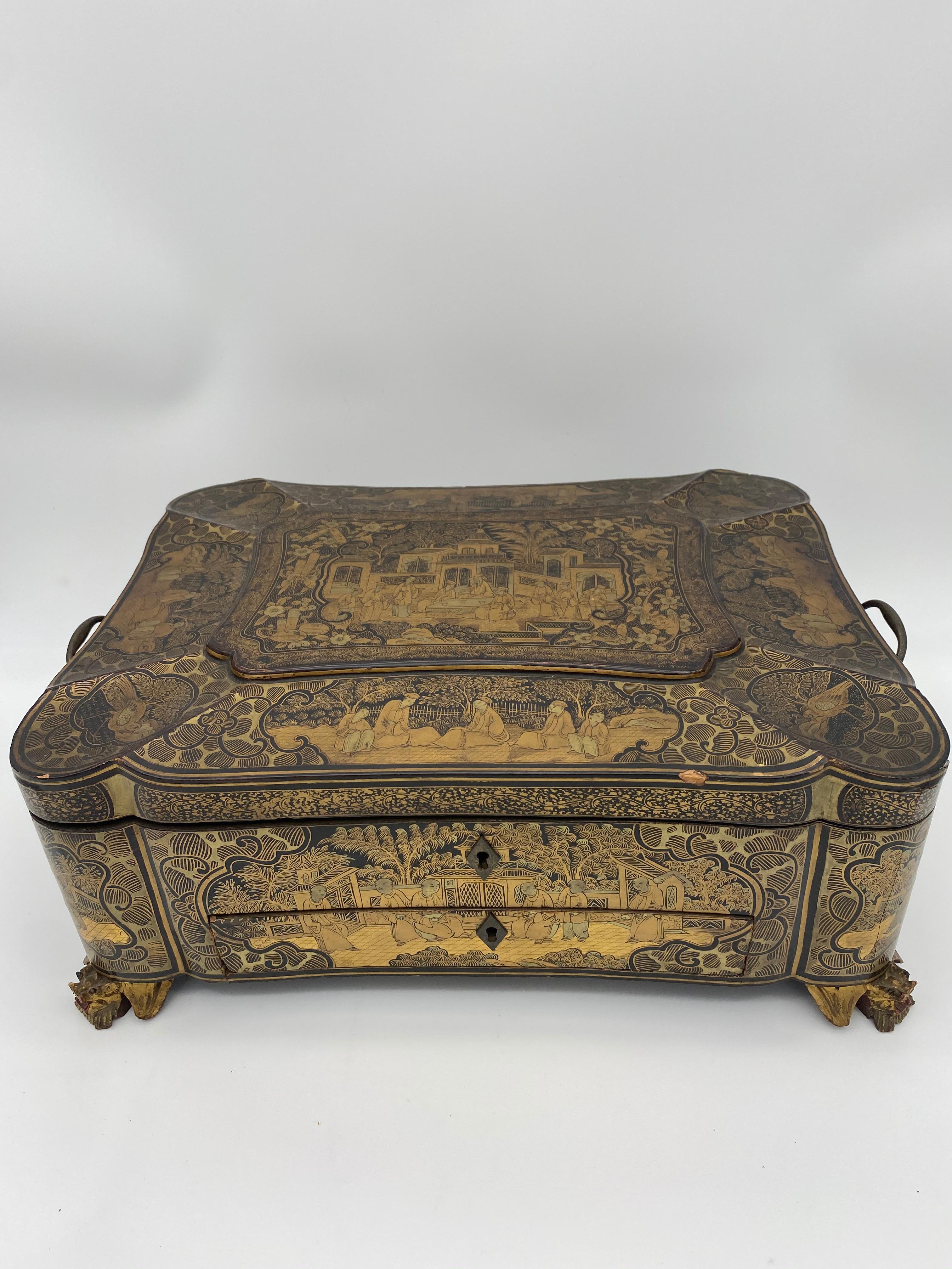 19th Century 14.25‘’ Large Chinese Lacquer Sewing Box For Sale