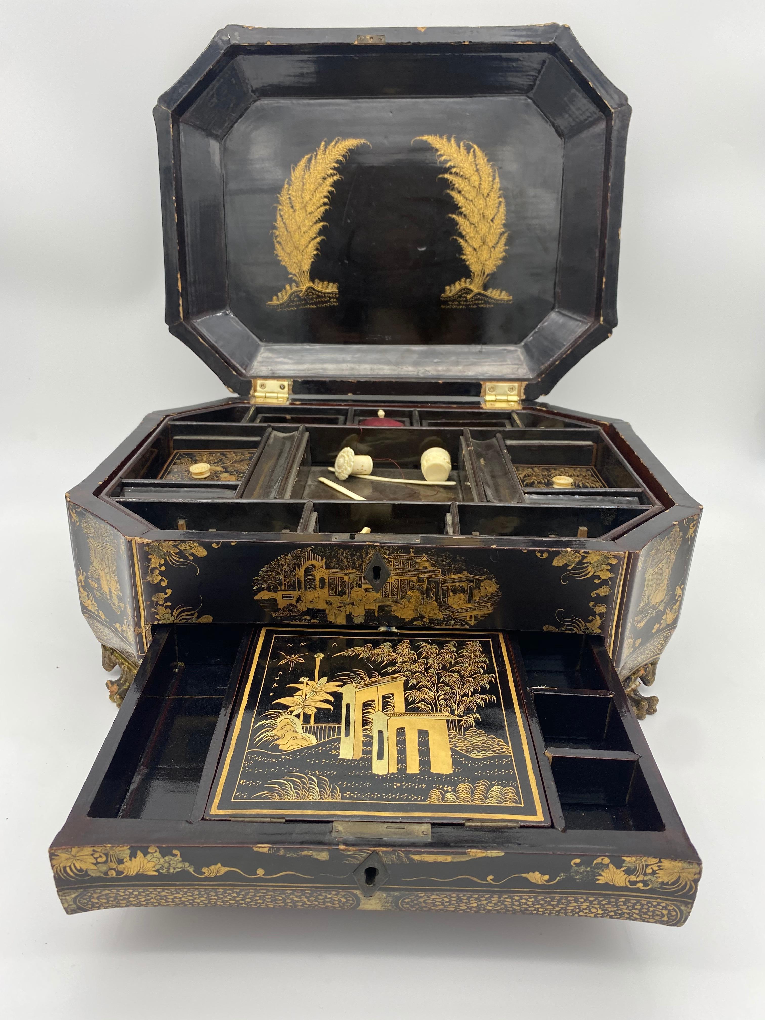 19th Century Chinese Lacquer Sewing Box In Good Condition For Sale In Brea, CA