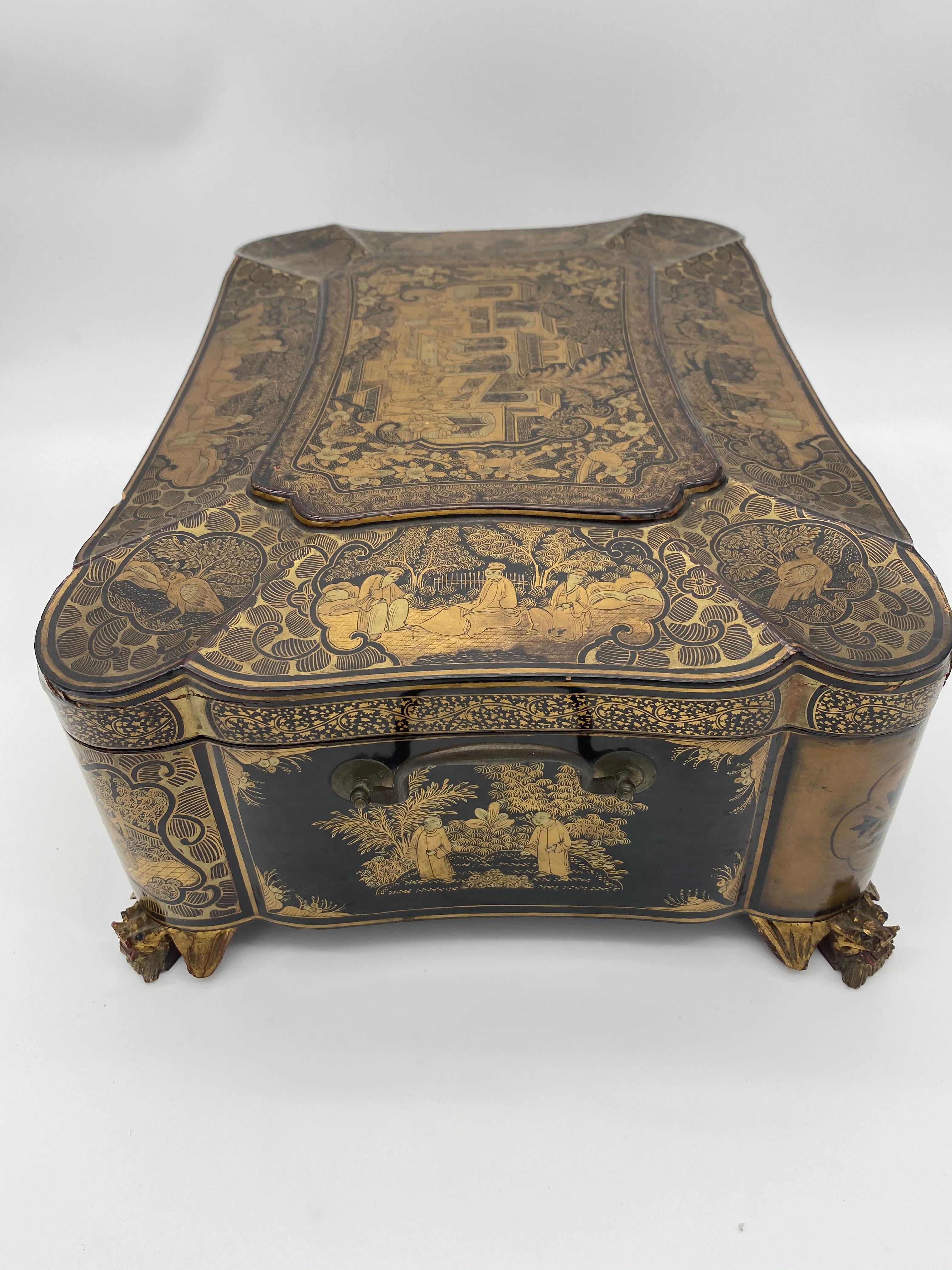 Lacquered 19th Century 14.25‘’ Large Chinese Lacquer Sewing Box For Sale