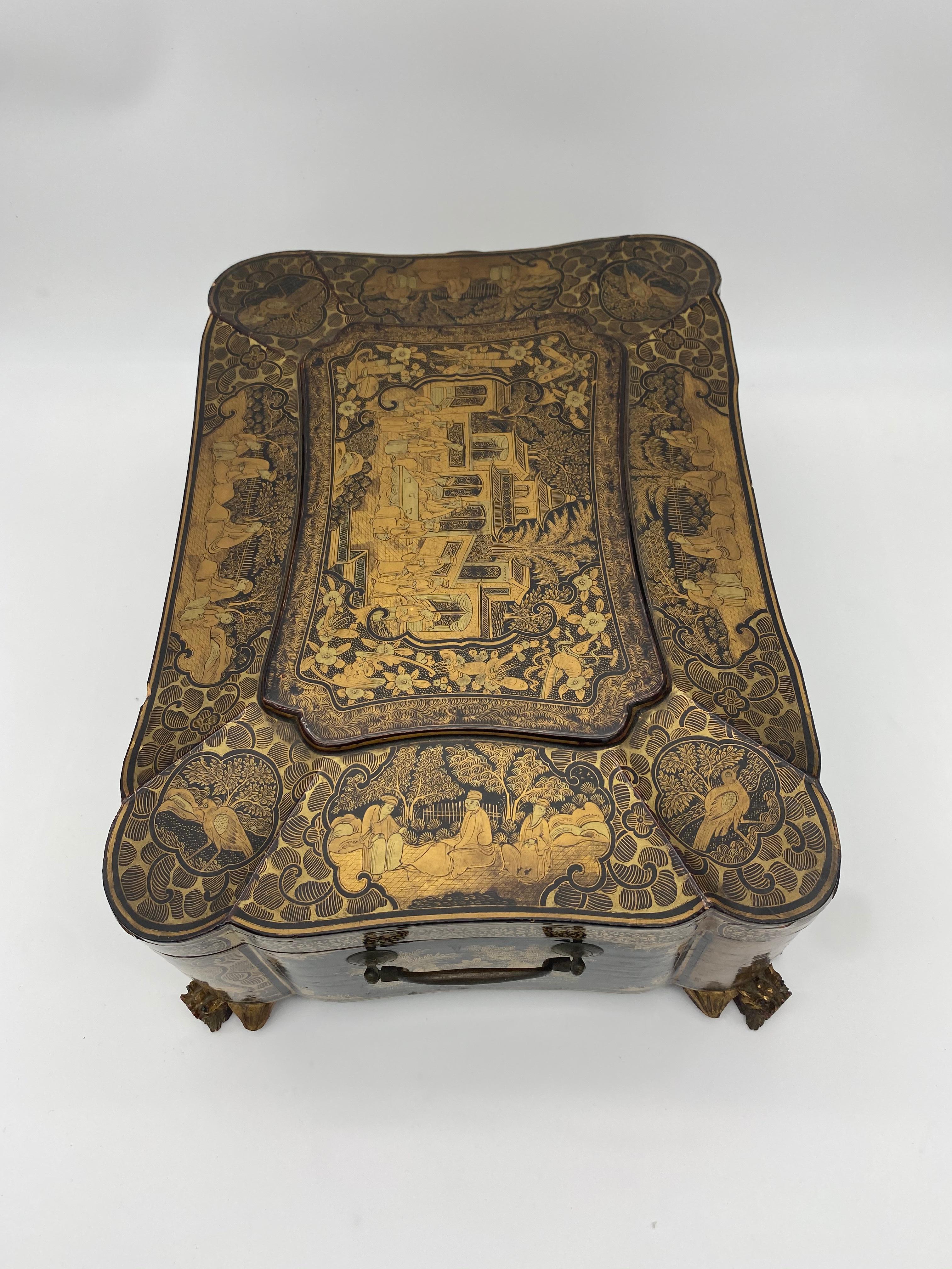 19th Century 14.25‘’ Large Chinese Lacquer Sewing Box In Good Condition For Sale In Brea, CA