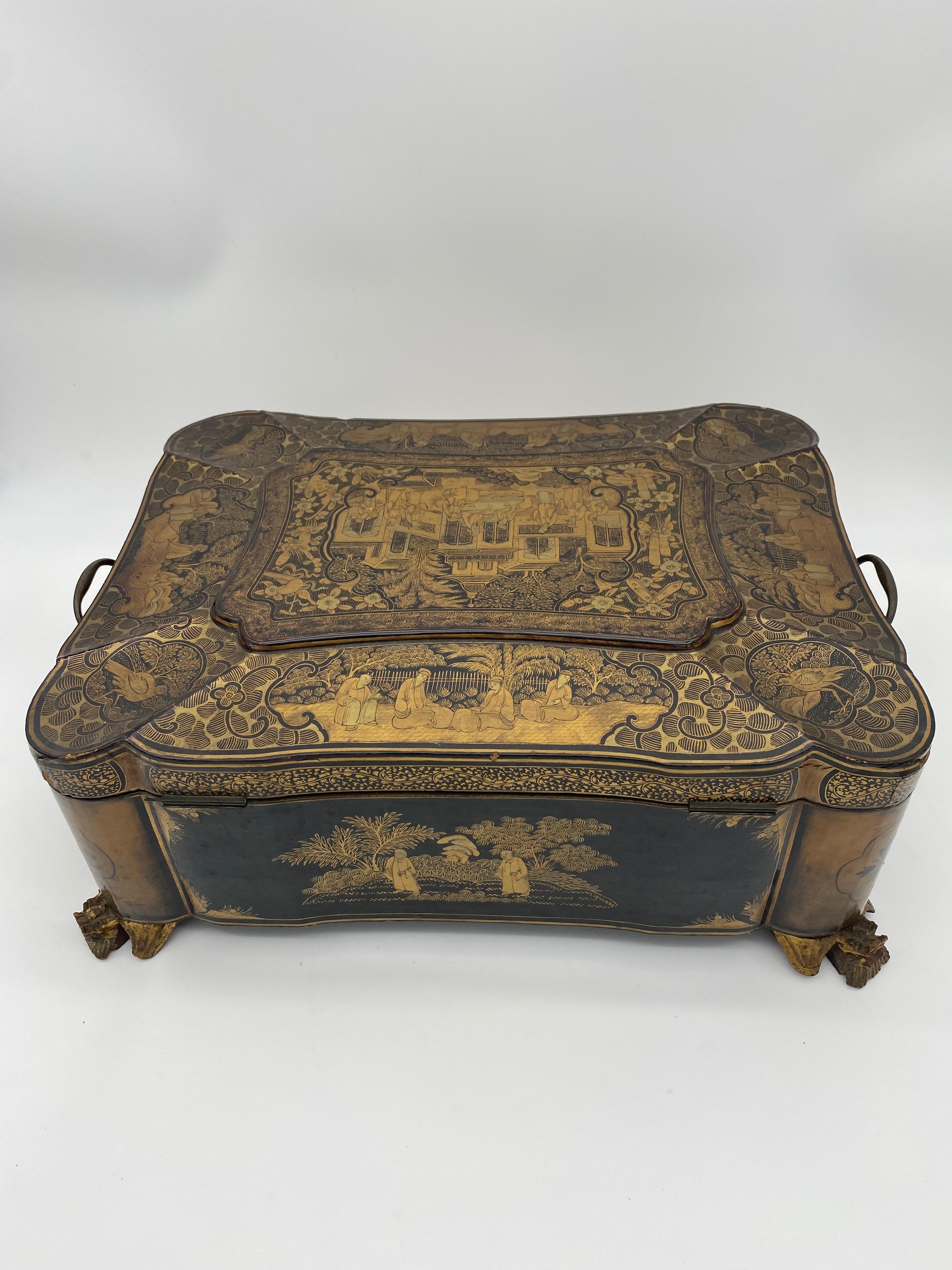 19th Century 14.25‘’ Large Chinese Lacquer Sewing Box For Sale 1