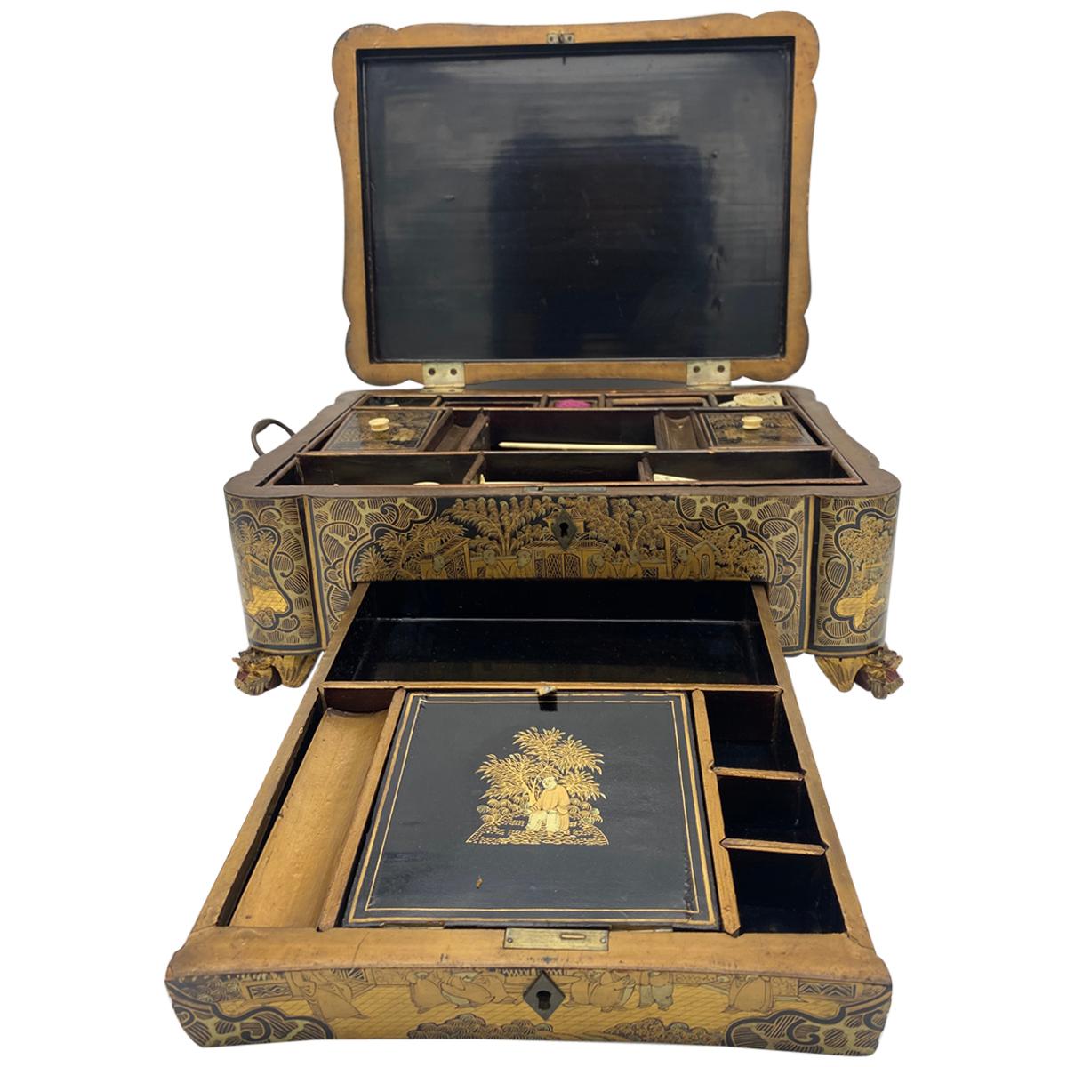 19th century Chinese lacquer sewing box from the Qing Dynasty. Decorated beautifully all over with intricate designs and images of ancient Chinese people on the top.