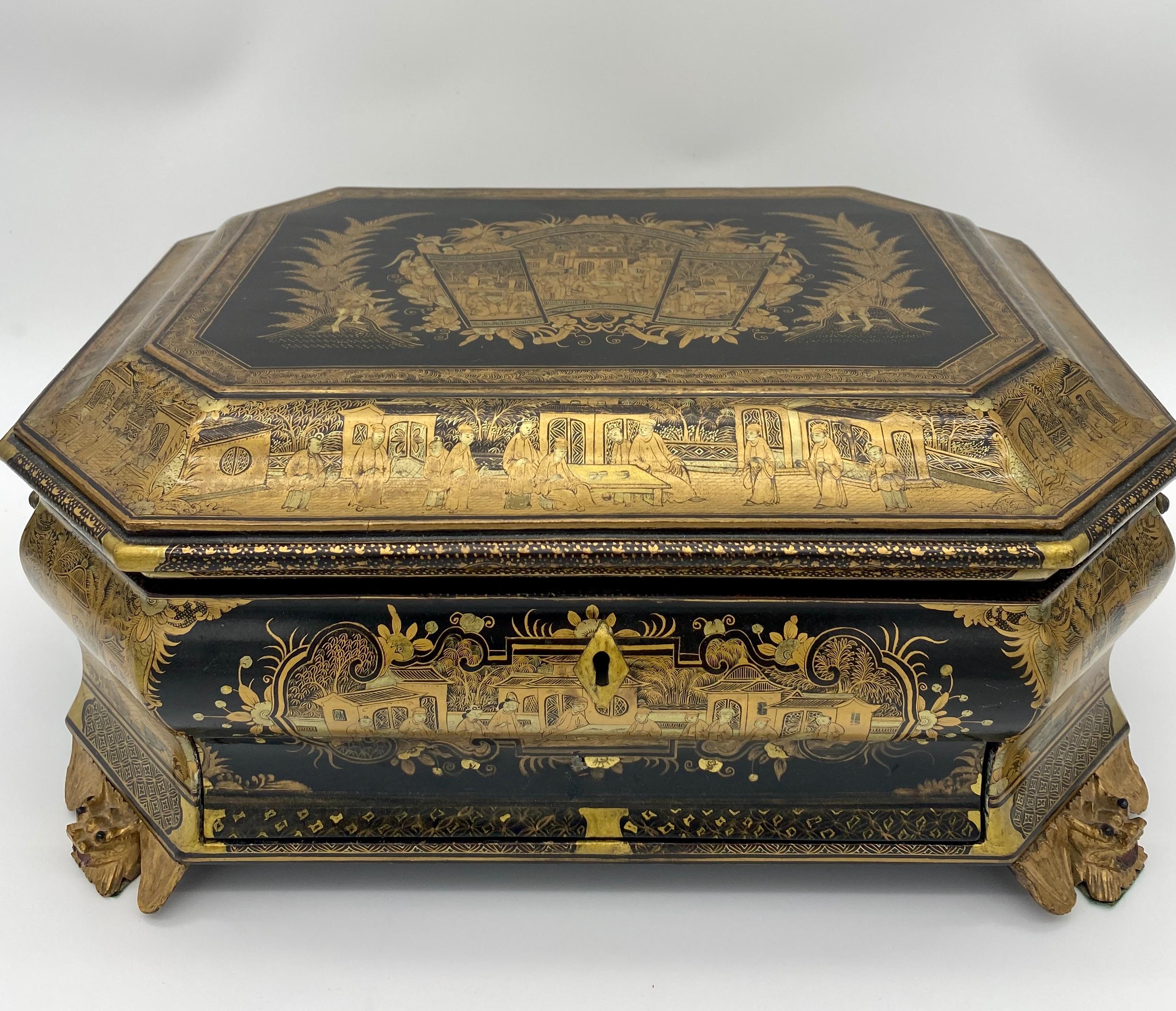 19th century Chinese lacquer sewing box from the Qing dynasty. Colored black and gold all-over beautifully with intricate designs.