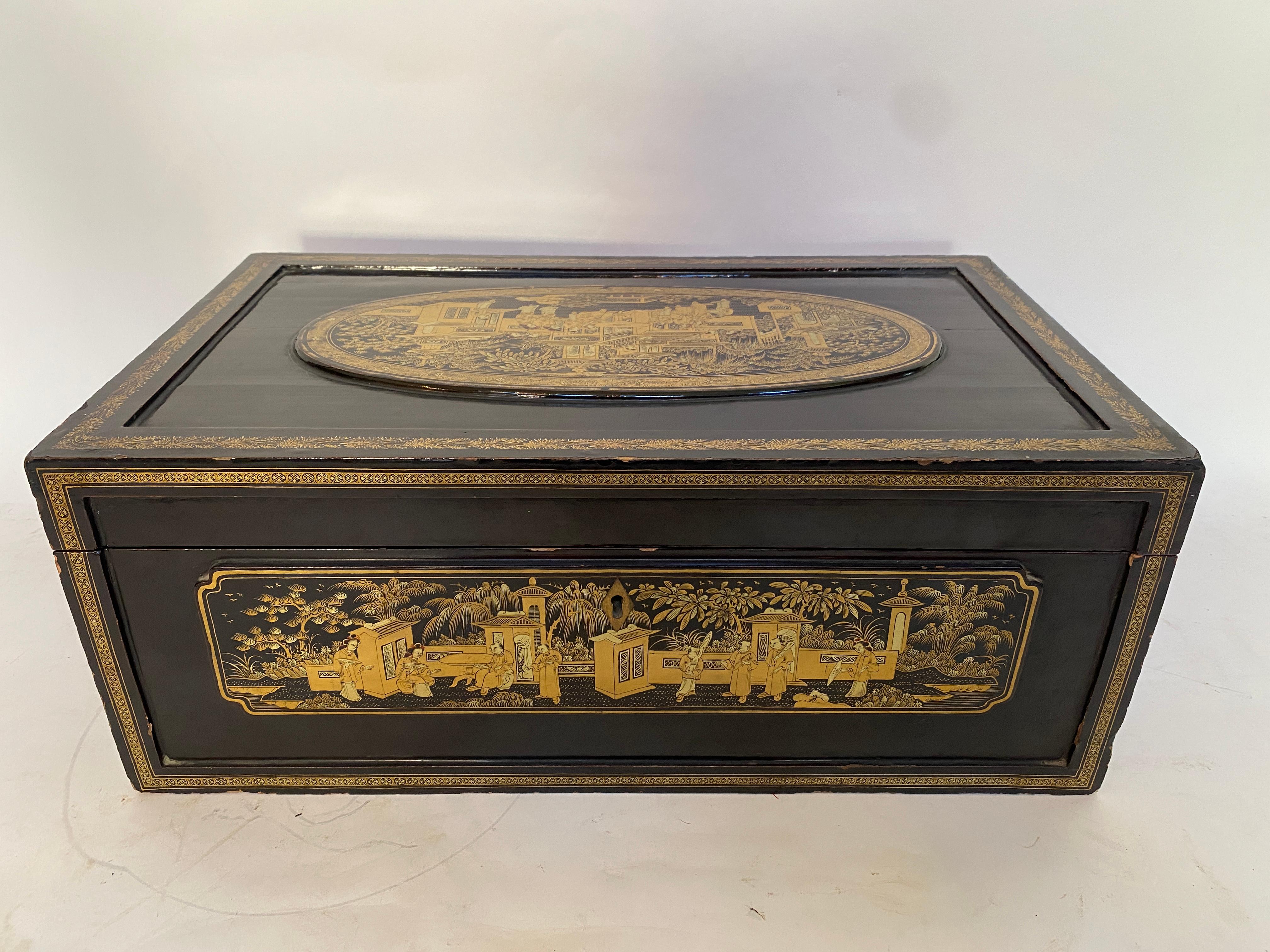A truly beautiful and amazing piece. From the late 19th century of the Qing Dynasty in China, this lacquered writing box is decorated with the designs hand paint and gilt on black lacquer . Some tears due to age, see pictures for more.