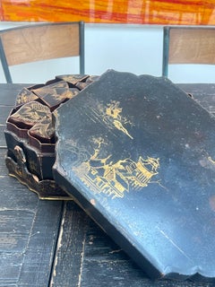 19th Century Chinese Lacquered Compartment Box with Gilt Decoration
