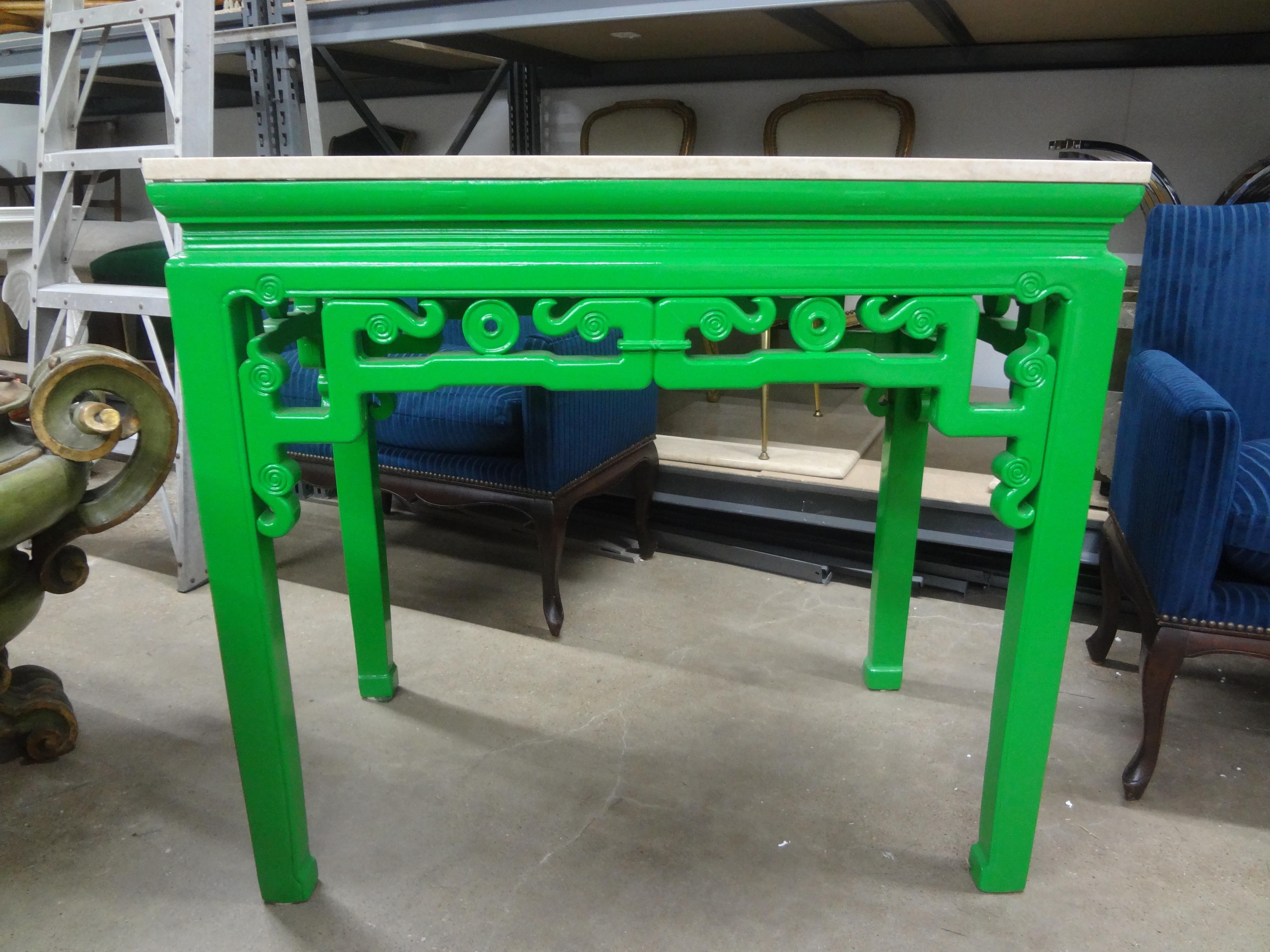 19th Century Chinese Lacquered Console With Travertine Top.
This stunning 19th century Chinese chinoiserie style free standing console table has
been lacquered in a beautiful shade of green with a new honed travertine top.
This is a statement