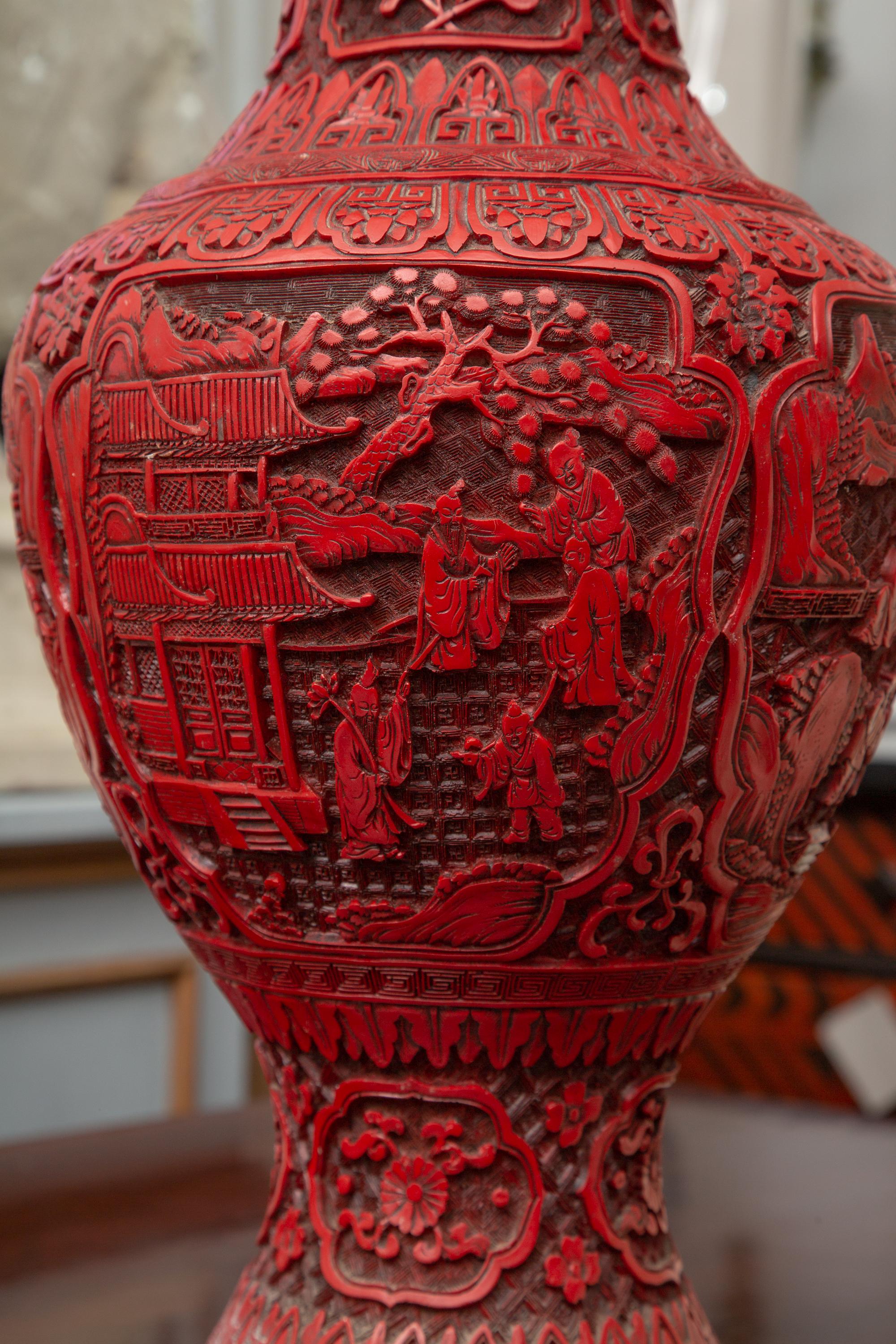 Other 19th Century Chinese Large Cinnabar Vase as Table Lamp