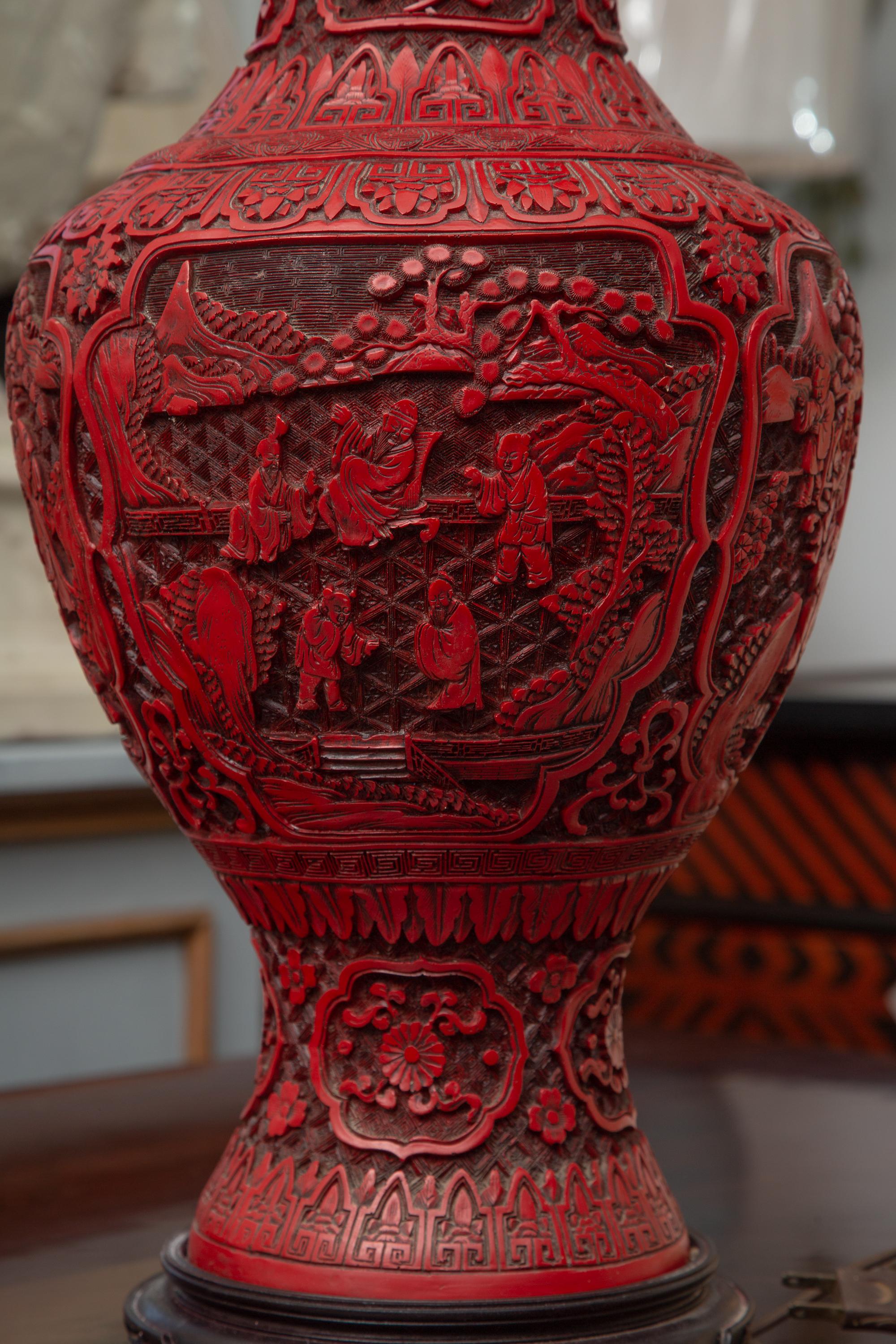Patinated 19th Century Chinese Large Cinnabar Vase as Table Lamp