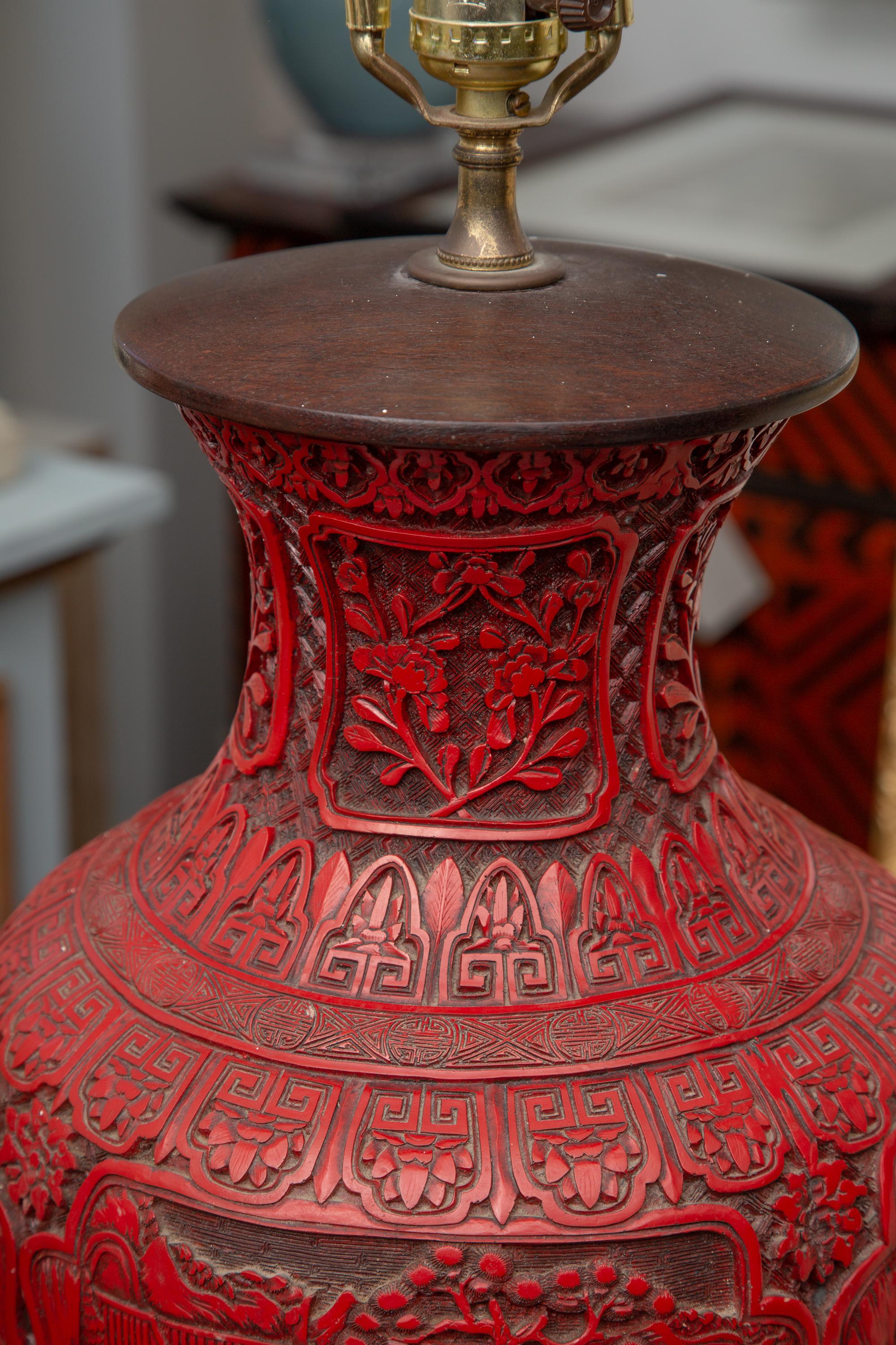 19th Century Chinese Large Cinnabar Vase as Table Lamp In Good Condition In WEST PALM BEACH, FL