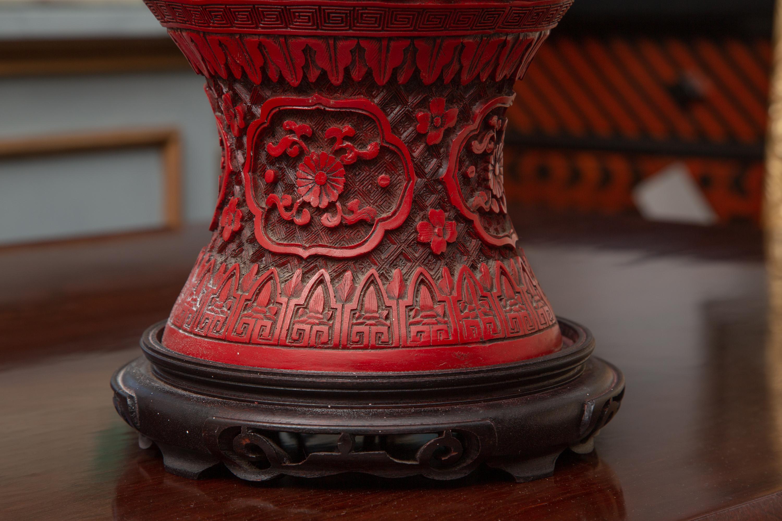 Wood 19th Century Chinese Large Cinnabar Vase as Table Lamp